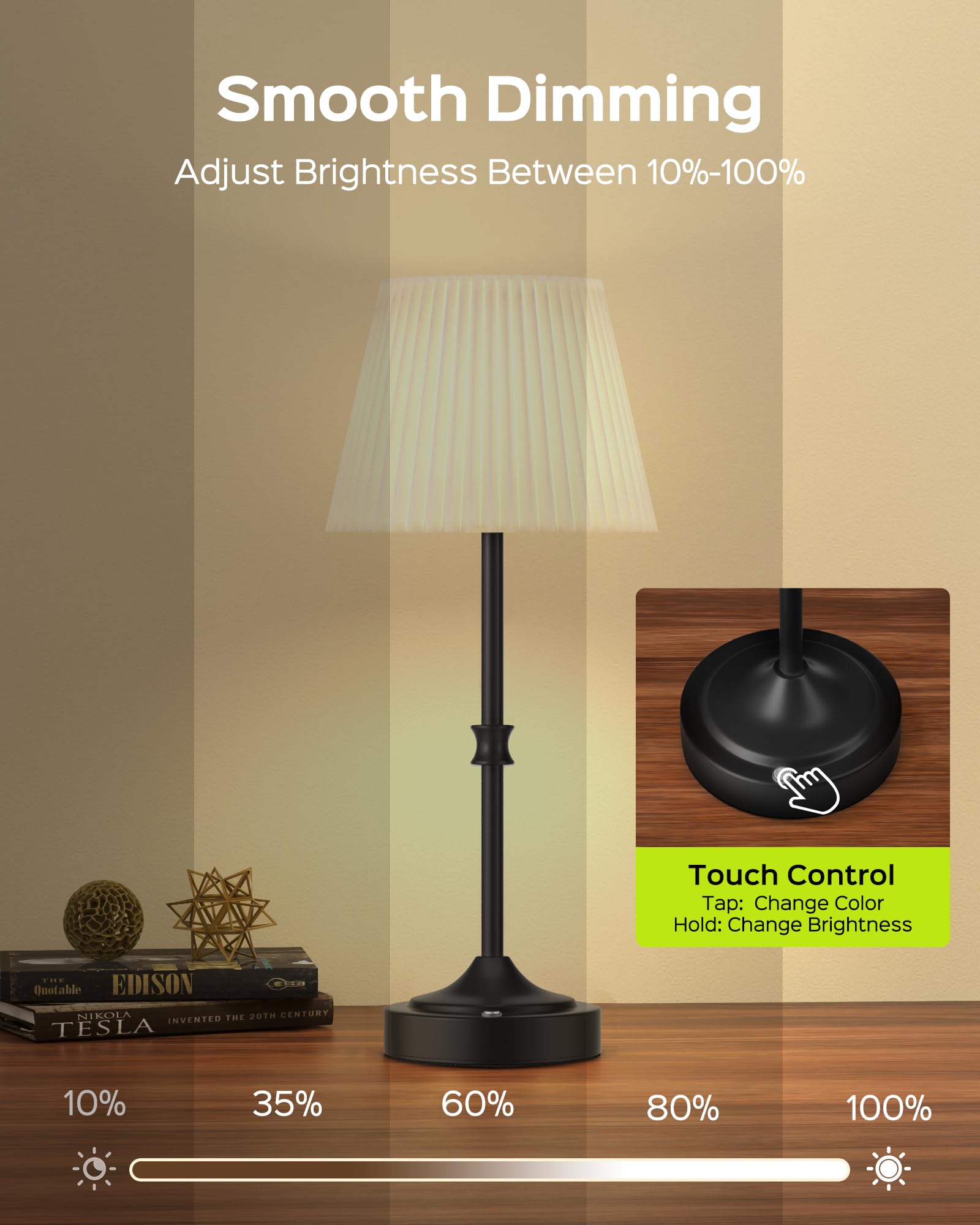 JACKYLED Cordless Table Lamp - 3 Color LED Lights, 5400mAh Rechargeable, Black Fabric Shade, Model JKTL01-7005404B