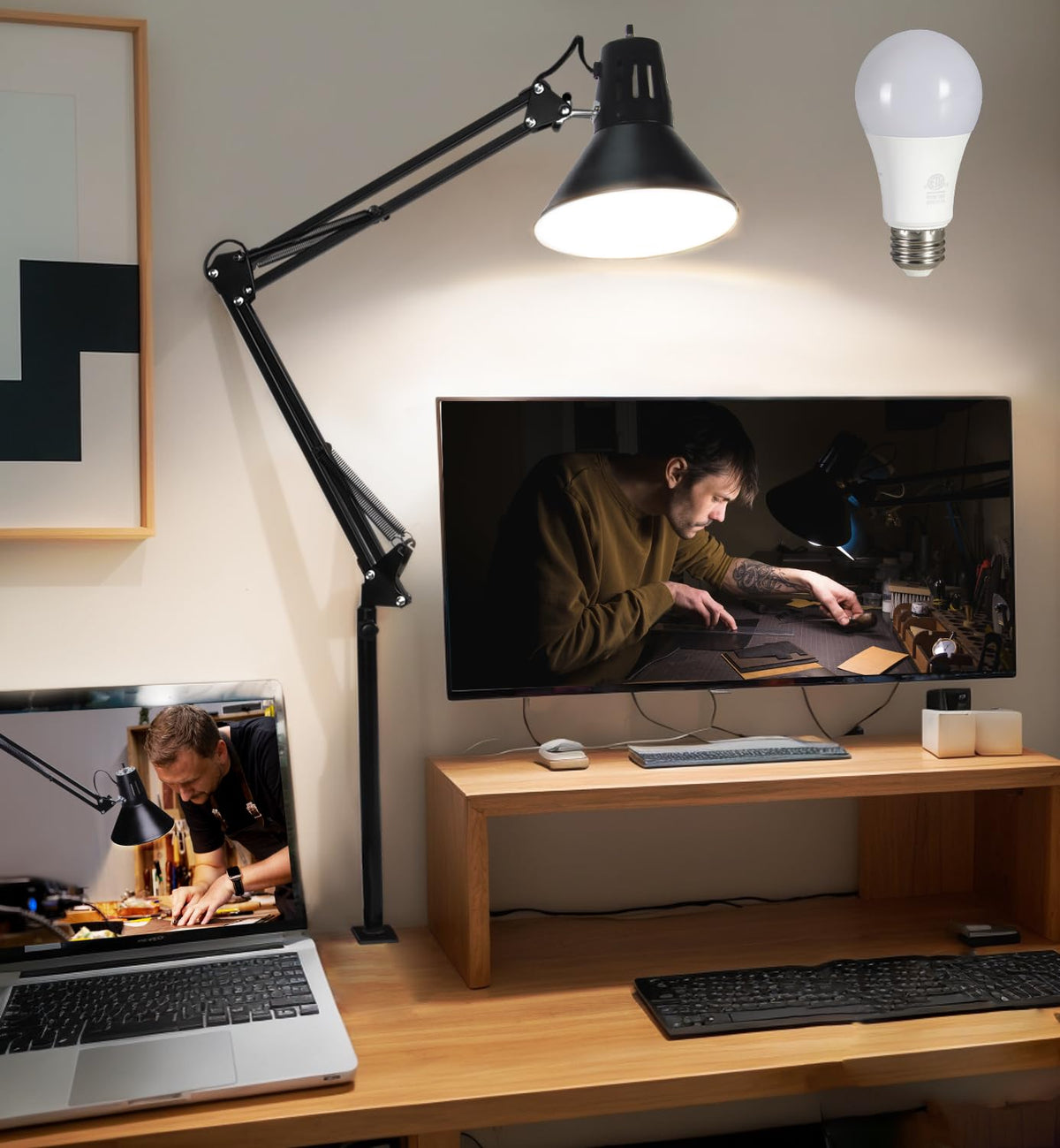 Desk Lamp For Home Office Eye-Caring Metal Extra Tall Swing Arm High Intensity Clamp Flexible Gooseneck W/A19 E26 Bulb Side Table Working Reading Architect Computer Workbench Puzzle Garage Warm Light