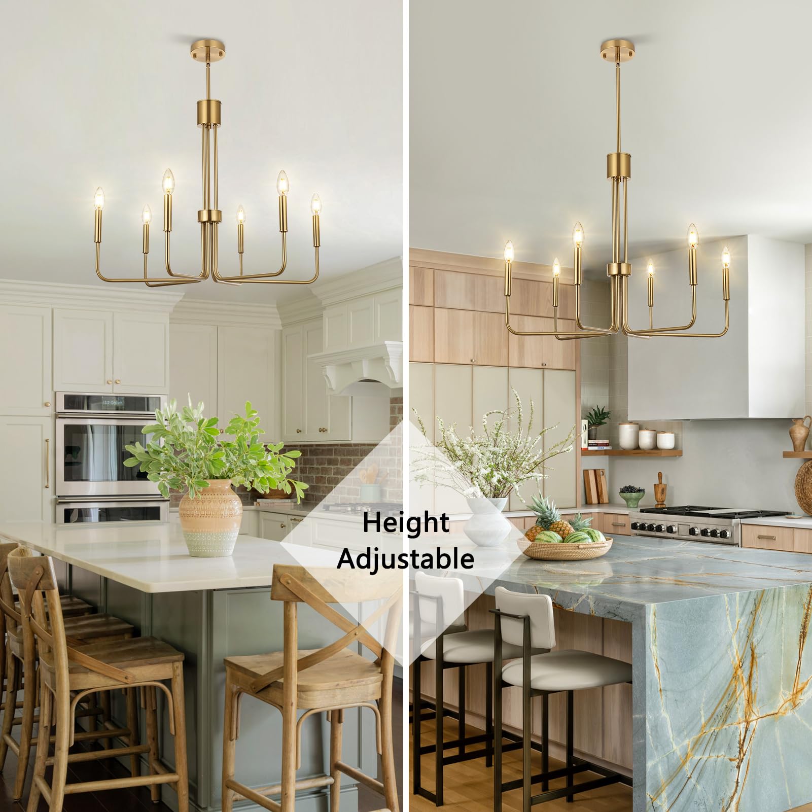 Niloah Brushed Gold Chandelier, 6-Light Chandelier For Dining Room, Farmhouse Pendant Light Fixtures For Bedroom, Foyer, Living