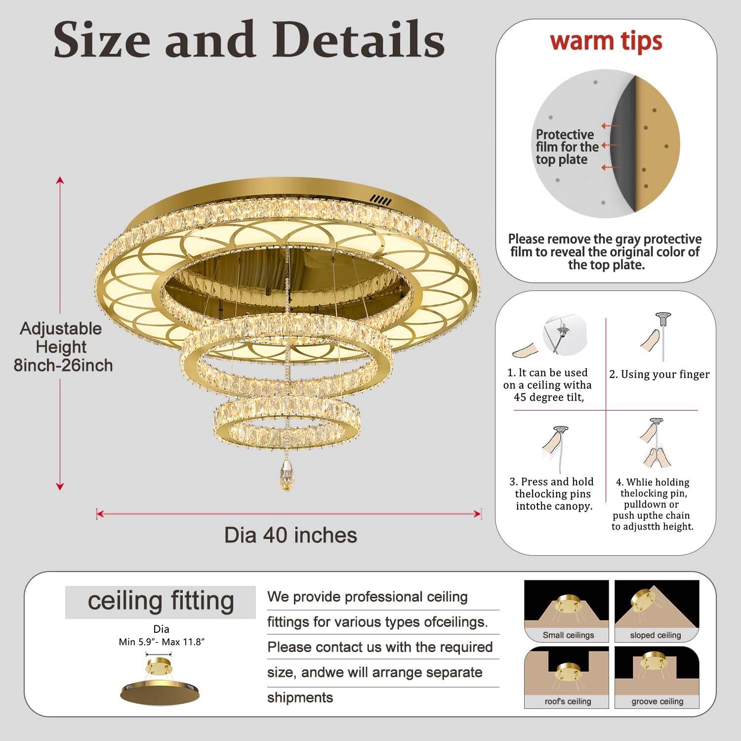Flashing God Dia 40'' Big Chandelier Crystal Gold Ceiling Light Fixtures Led Flush Mount Ceiling Light For Living Room Bedrooms
