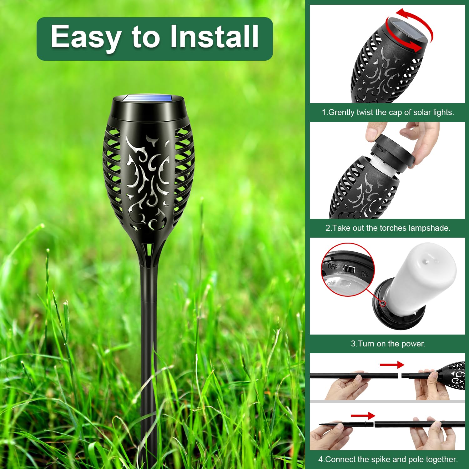 Mionsiden 8 Pack Solar Outdoor Lights - 12 LED Flickering Flame Tiki Torches for Garden, Yard, Patio - Waterproof Black Solar Lights