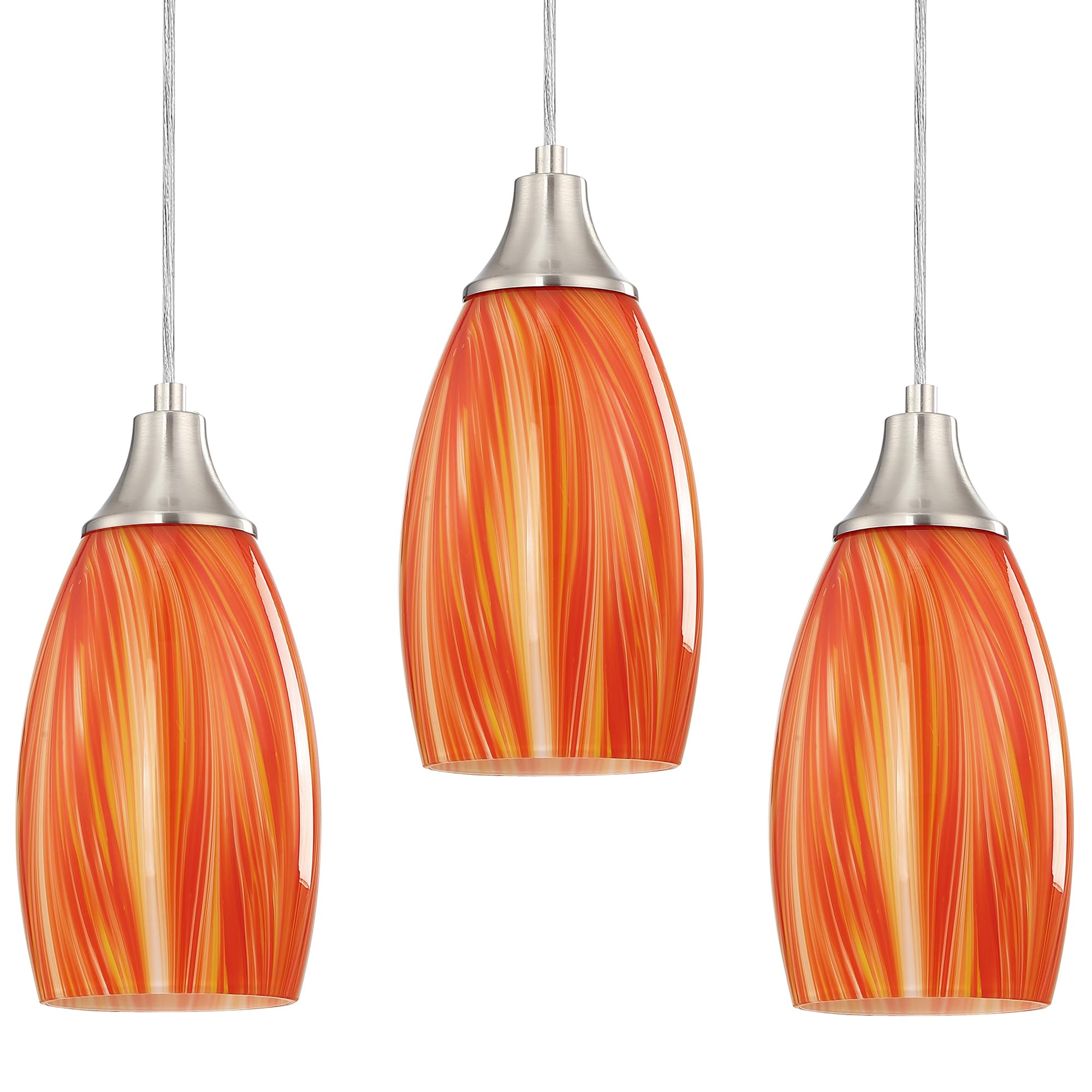 Karyfine Art Glass Mini Pendant Lights For Kithen Island Blown Glass Pendant Lighting Shade With Brushed Nickel Finish 3Pack Hanging Pendant Light Kitchen Counter,Dining/Living Room Red Orange