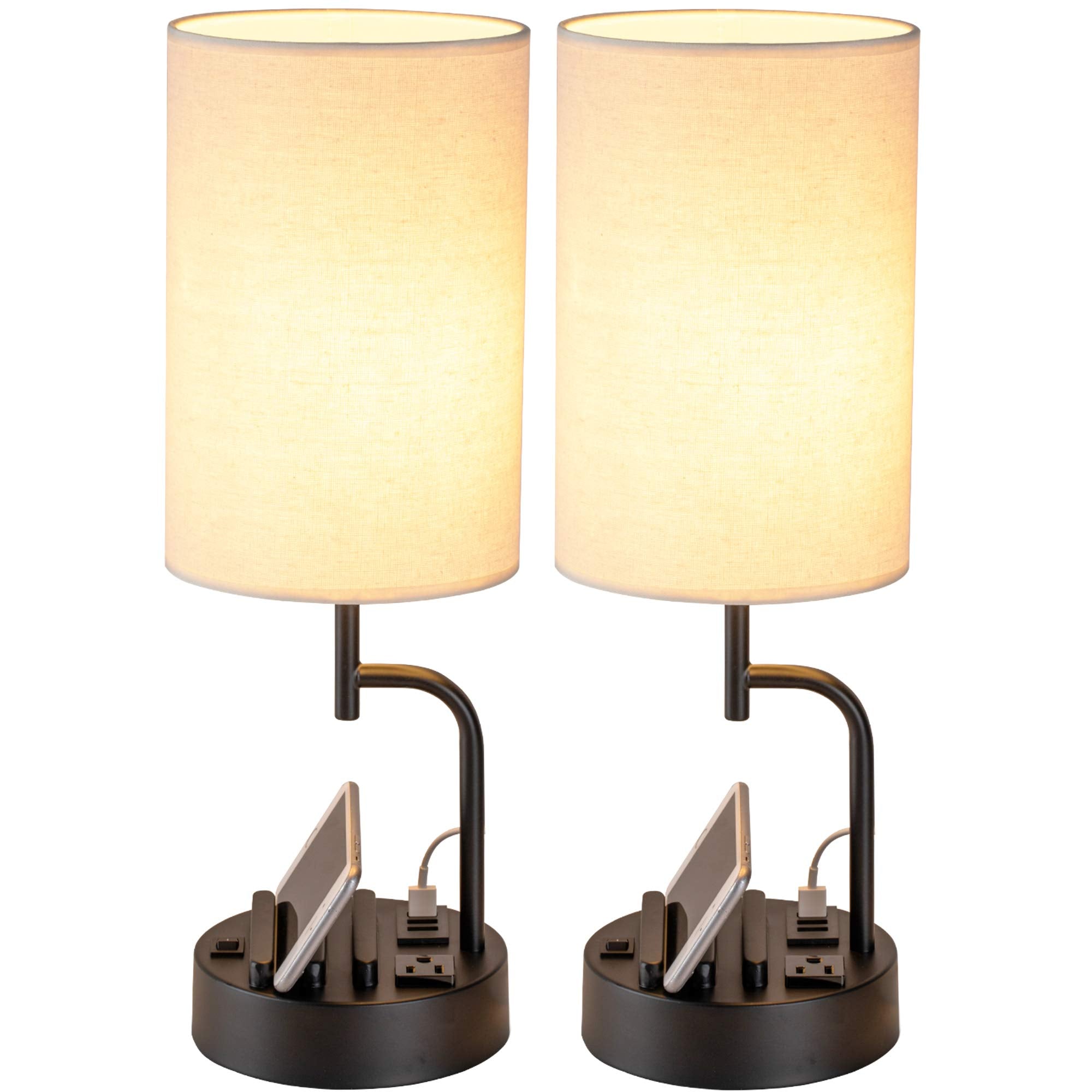 Dreamholder Table Lamp with 3 USB Ports, AC Outlet, Phone Stands, Linen Shade, Model DH9099, Pack of 2