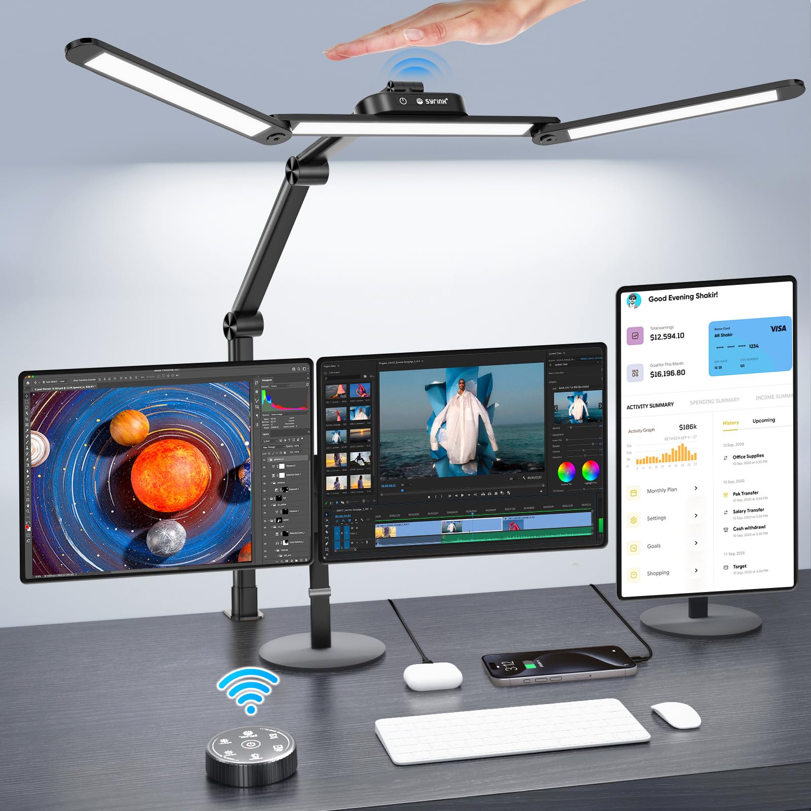 Syrinx Led Desk Lamp With Clamp, Architect Desk Lamps For Home Office With Gesture Sensor Switch And Remote Control, 24W Bright