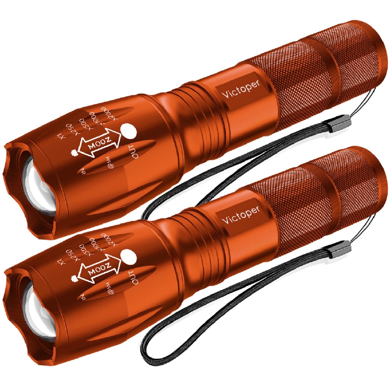 Victoper LED Flashlight 2 Pack, High Lumens Tactical, Waterproof, Zoomable, Orange, Model VT-FLV1000-2P