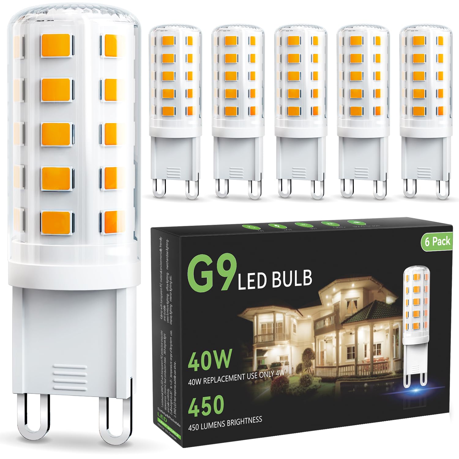 Volivo G9 Led Bulb 4W, 40 Watts Halogen Replacement T4 G 9 Bi Pin Base, 2700K Soft Warm White, Non-Dimmable No Flicker 120V 450 