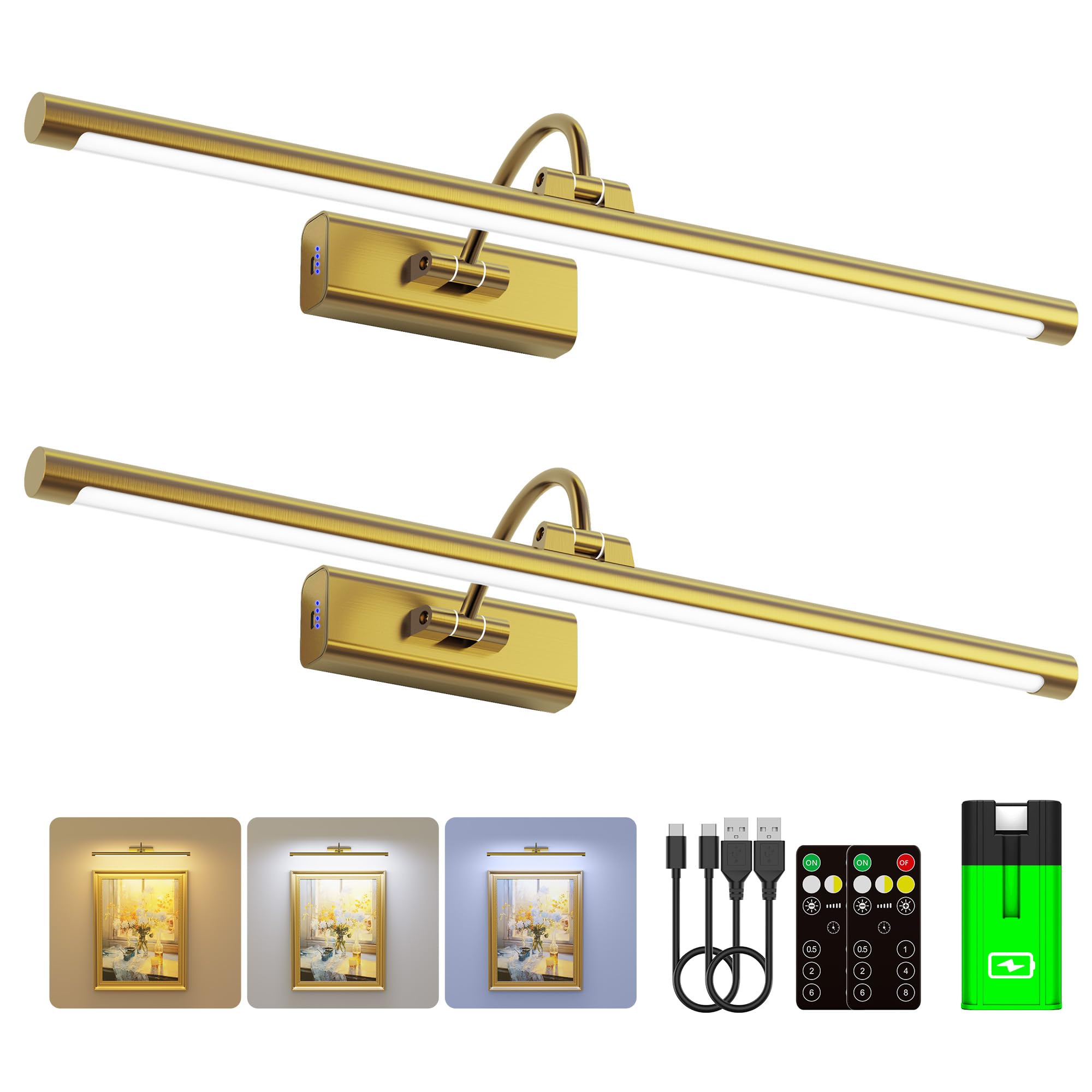 Craftersmark 24 Brass Picture Art Light with 1pcs Extra 8000mAh Battery - 2 Pack Wireless Dimmable Wall Mount for Oversized Discomforttings  Posters & Mirror