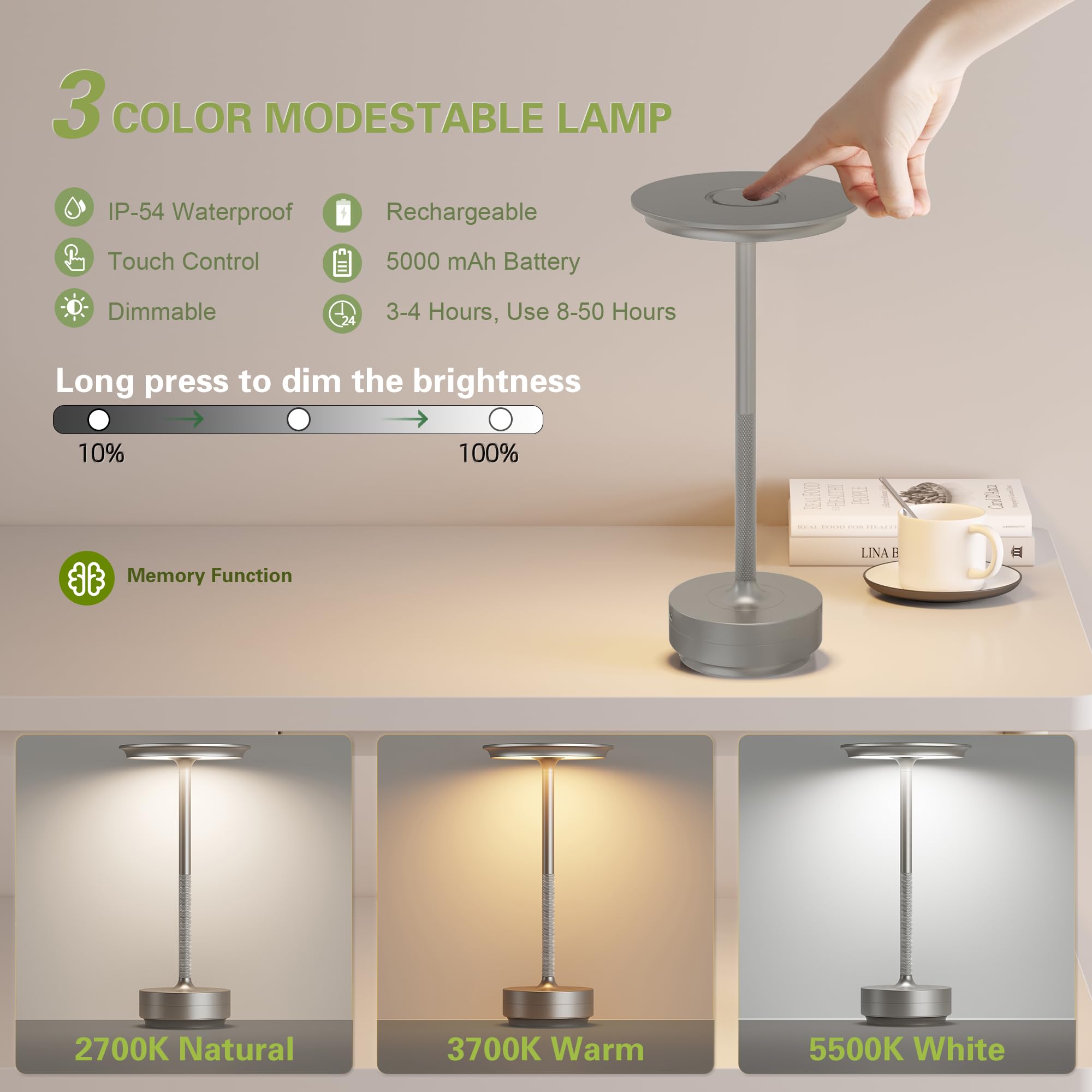 Ztflos Led Cordless Table Lights Set Of 2, Built-In 5000Mah Battery Rechargeable Outdoor Waterproof Portable Touch Battery Table