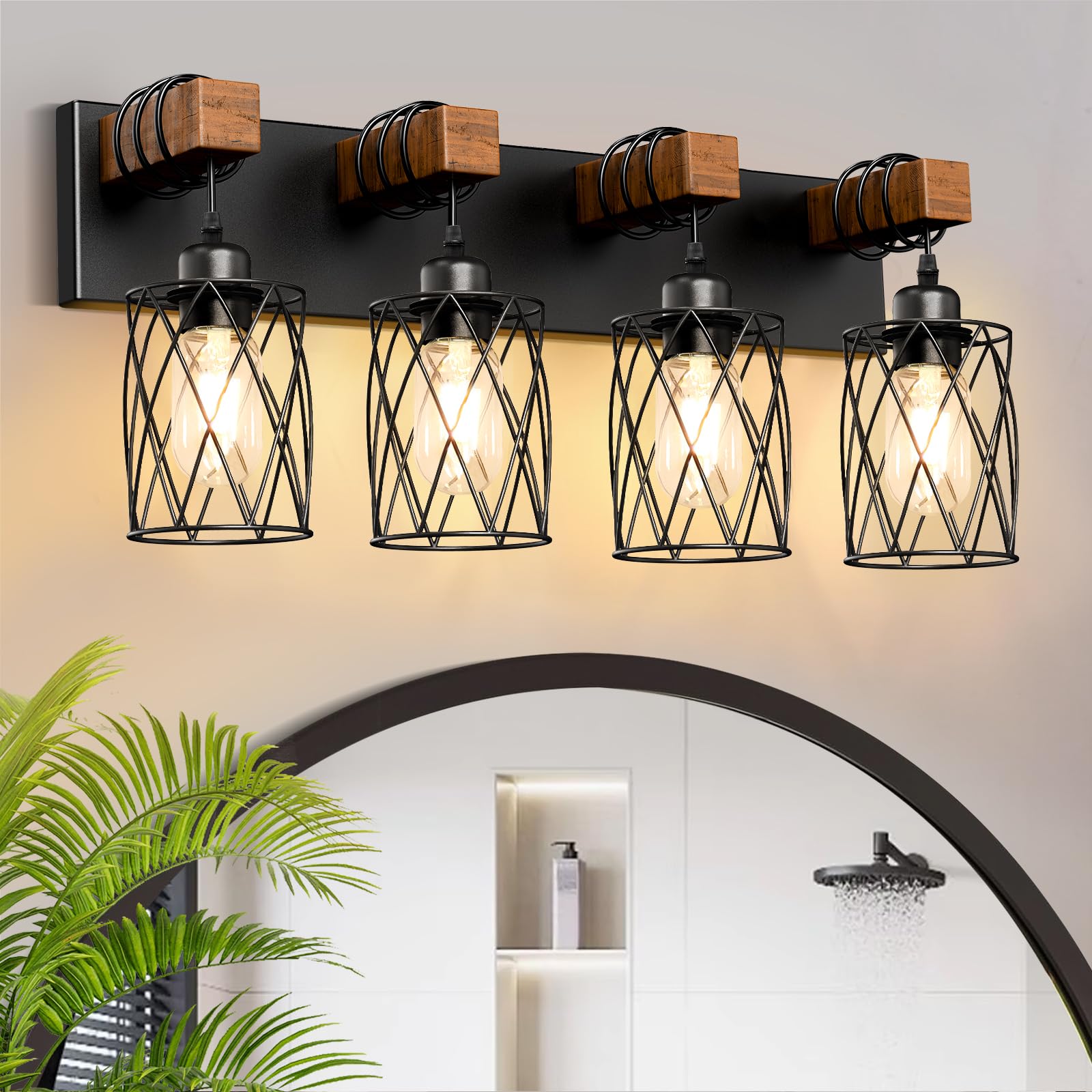 IZORRO Farmhouse Bathroom Vanity Light, 4-Light Wood Bathroom Light Fixtures Over Mirror, Black Industrial Vanity Lights with Me