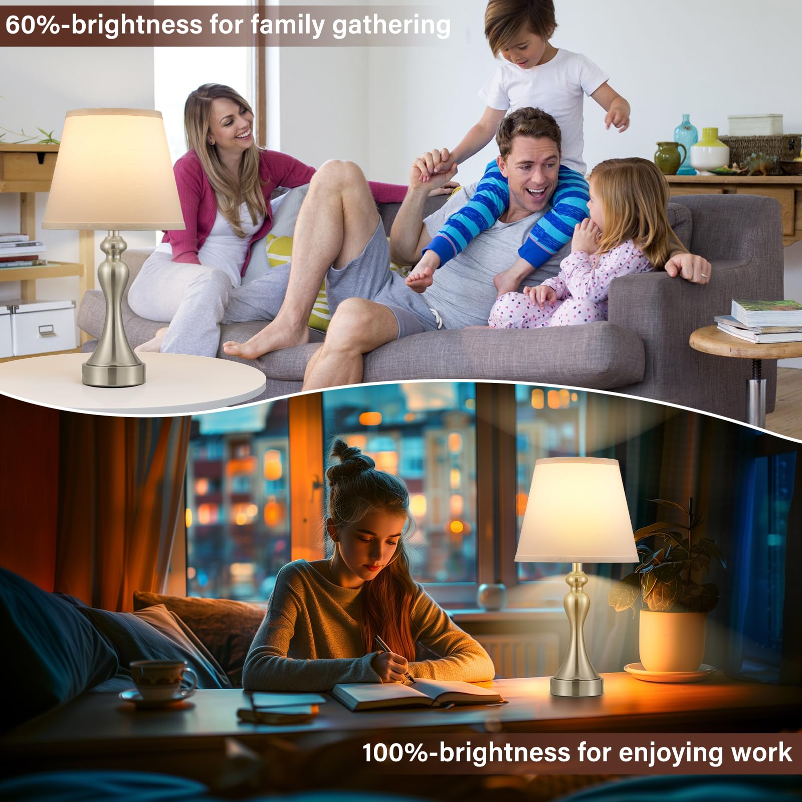 Seealle Touch Lamps For Night Stands - Bedside Lamps Set Of 2, 3 Way Dimmable, Usb C+A For Bedroom & End Tables (White&Nickel)