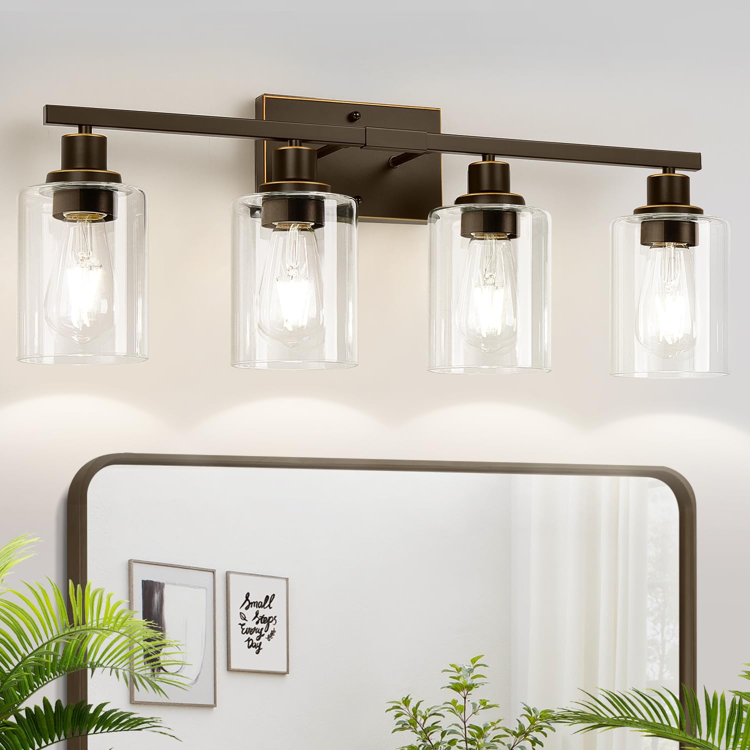 MOKATNG 4-Light Bathroom Light Fixtures  Vanity Light with Clear Glass Shades  Oil-Rubbed Bronze Bathroom Light Fixtures Over Mirror  Modern Bathroom Wall Lamp for Mirror Living Room Cabinet Bedroom