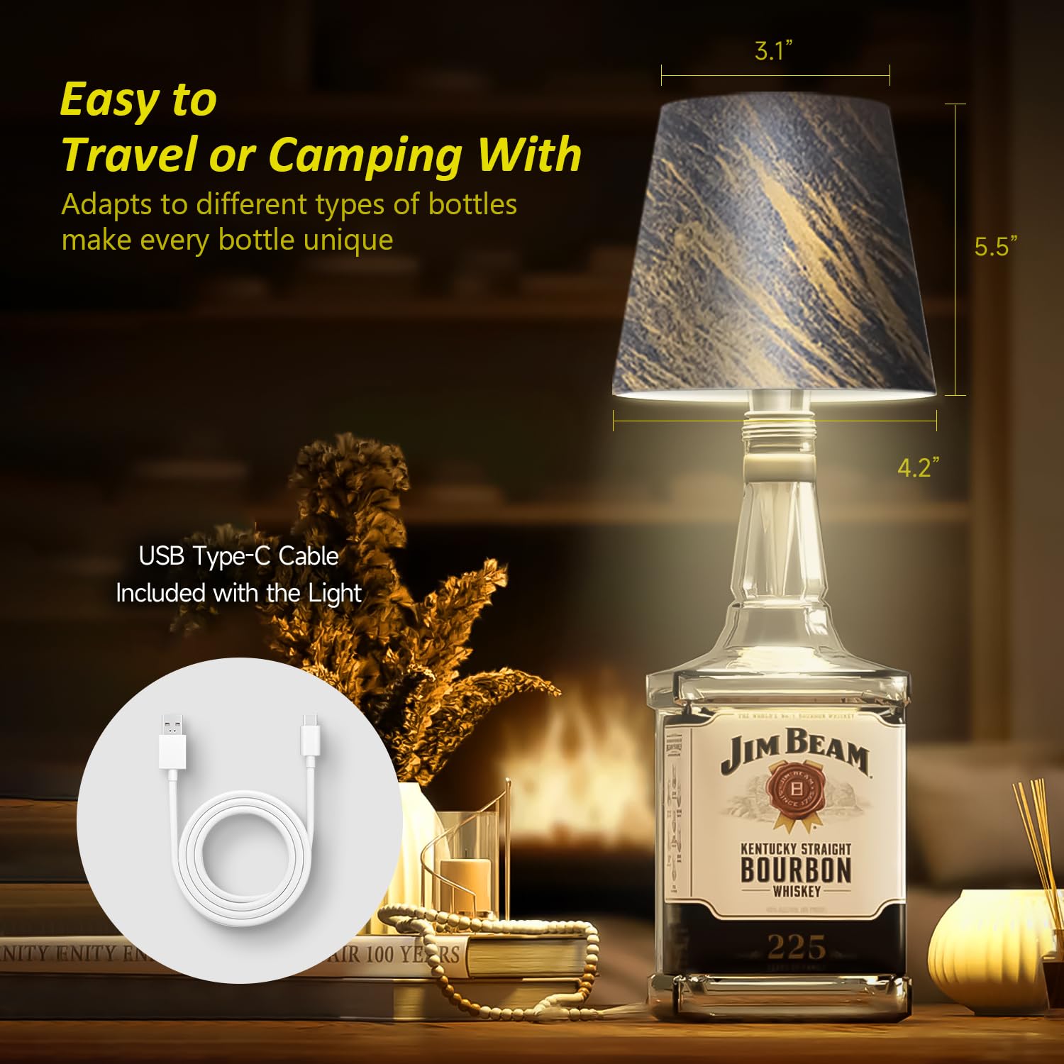 Hoide Wireless Bottle Lamp - LED Touch-Dimmable Night Light Kit, 5.7in, Bronze, Plastic