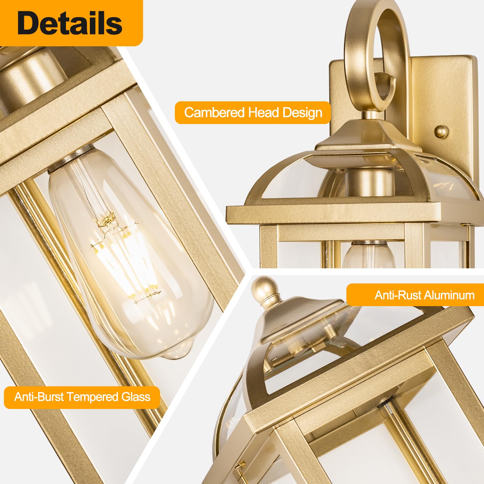 Roravilila 2-Pack 18” Gold Outdoor Wall Lights, Waterproof Brass Lanterns With Clear Glass