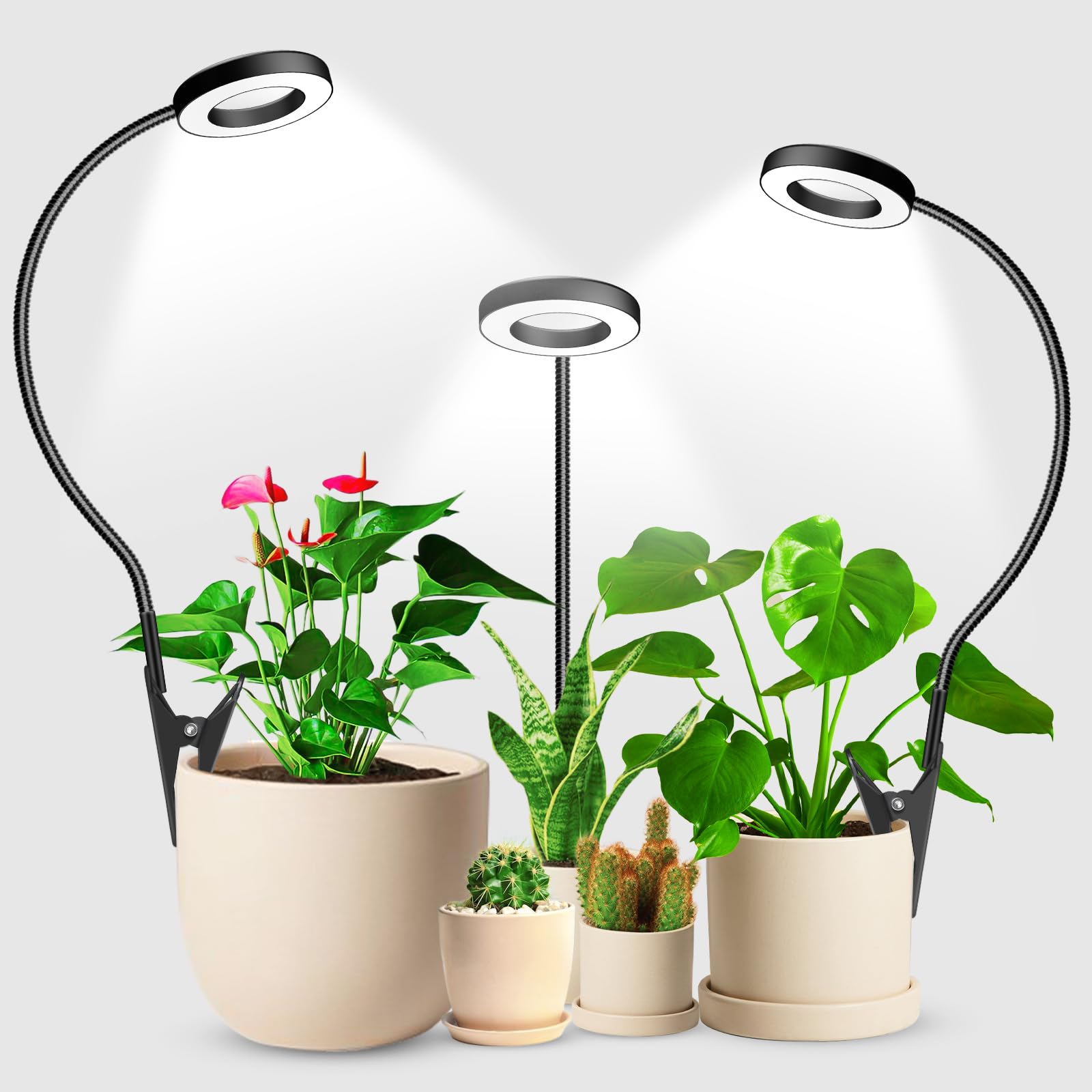 Wolezek 2 In 1 Grow Lights For Indoor Plants, 3 Colors Plant Lights For Indoor Growing With 360° Gooseneck, 48 Leds Full Spectrum Plant Grow Lights Indoor, 6/12/16H Timer, 5 Brightness, Black 3 Pack