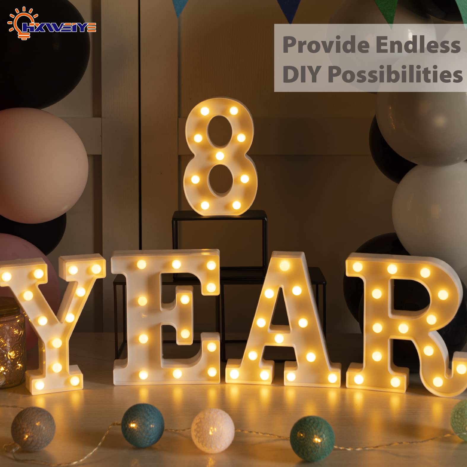 HXWEIYE LED Marquee Number Lights Sign, 26 Letters & 10 Numbers, Warm White, Battery Powered for Party & Christmas Decor