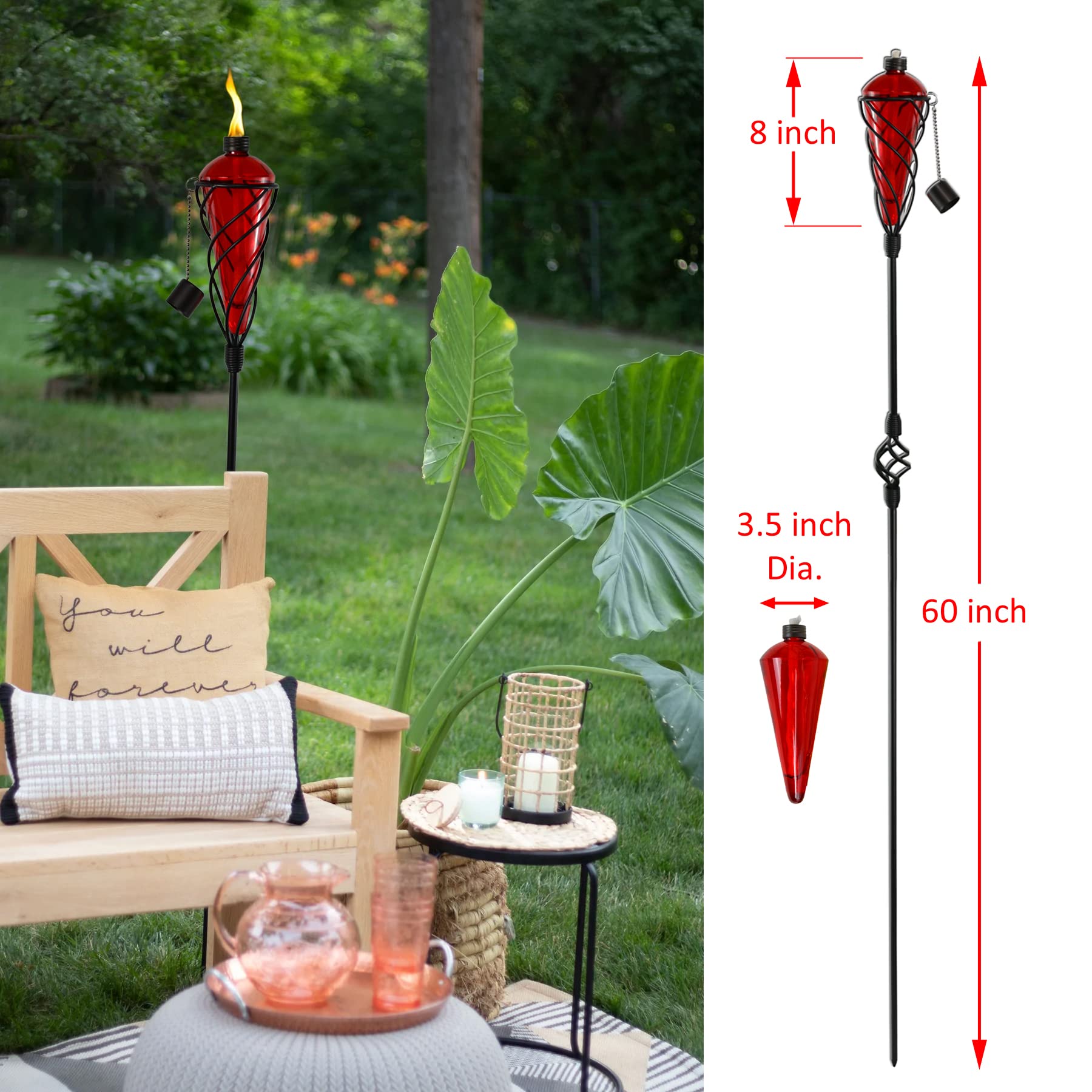 Westcharm 4 Pack Glass Garden Torch Lights - 60" Green Metal, Citronella Fuel, Outdoor Lighting for Patios and Gardens, Model GD10872