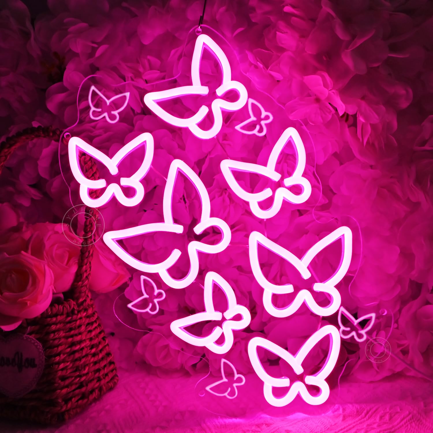 SYLHOME Pink Butterfly LED Neon Light Sign for Bedroom, Kids Room, 15.75in X 10.1in Decorative Wall Art, USB Powered