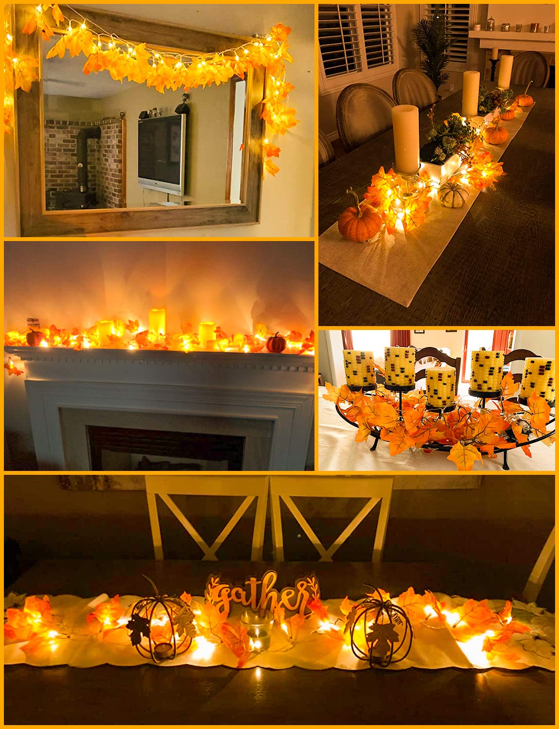 Luditek Lighted Fall Garland 24.6ft 60 LED Thanksgiving String Lights, Yellow/Orange, Model GT035, Artificial Leaves