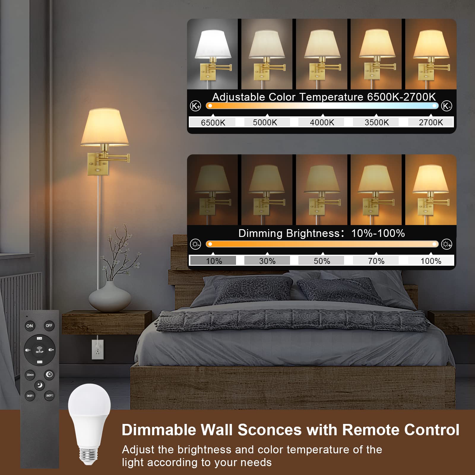 TRLIFE Dimmable Wall Sconce, Remote Control, Adjustable Color Temp 2700K-6500K, Medium Size, Brushed Brass, 2 Pack