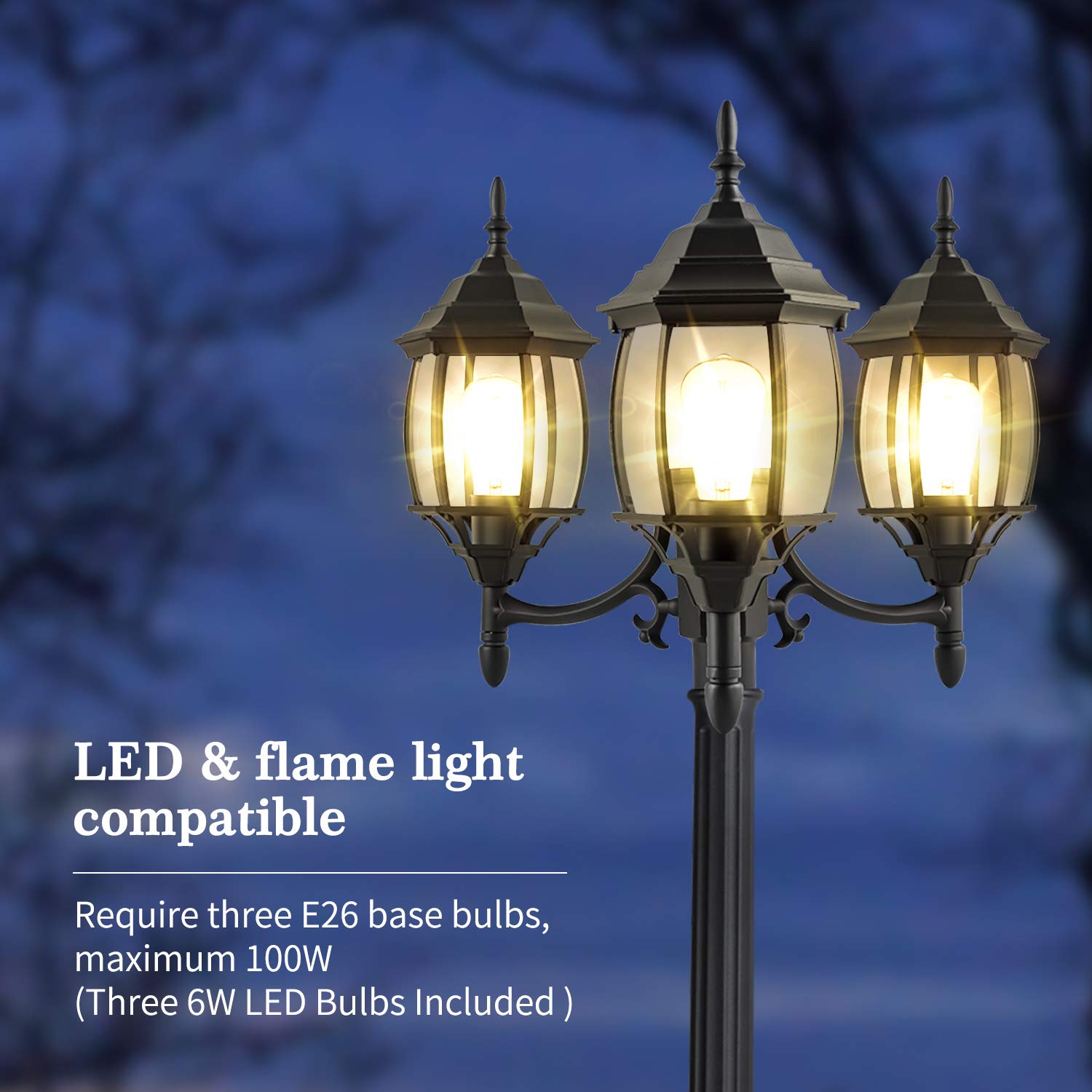 PARTPHONER Outdoor Lamp Post Light 3-Head, Black Aluminum, E26 Base, 100W Max, Waterproof, Model PL001