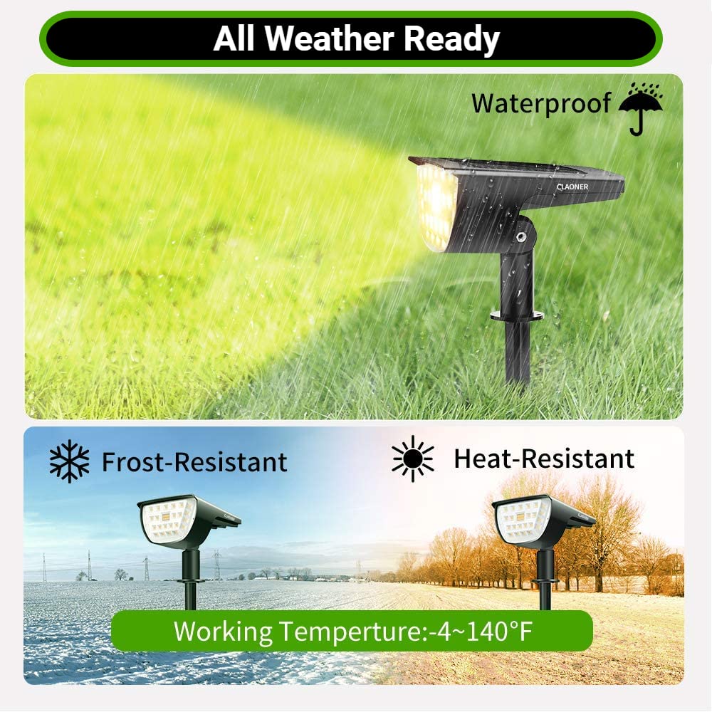 CLAONER Solar Spot Lights Outdoor, 3 Modes, IP65 Waterproof, 2 Pack, Warm White, High-impact ABS Plastic