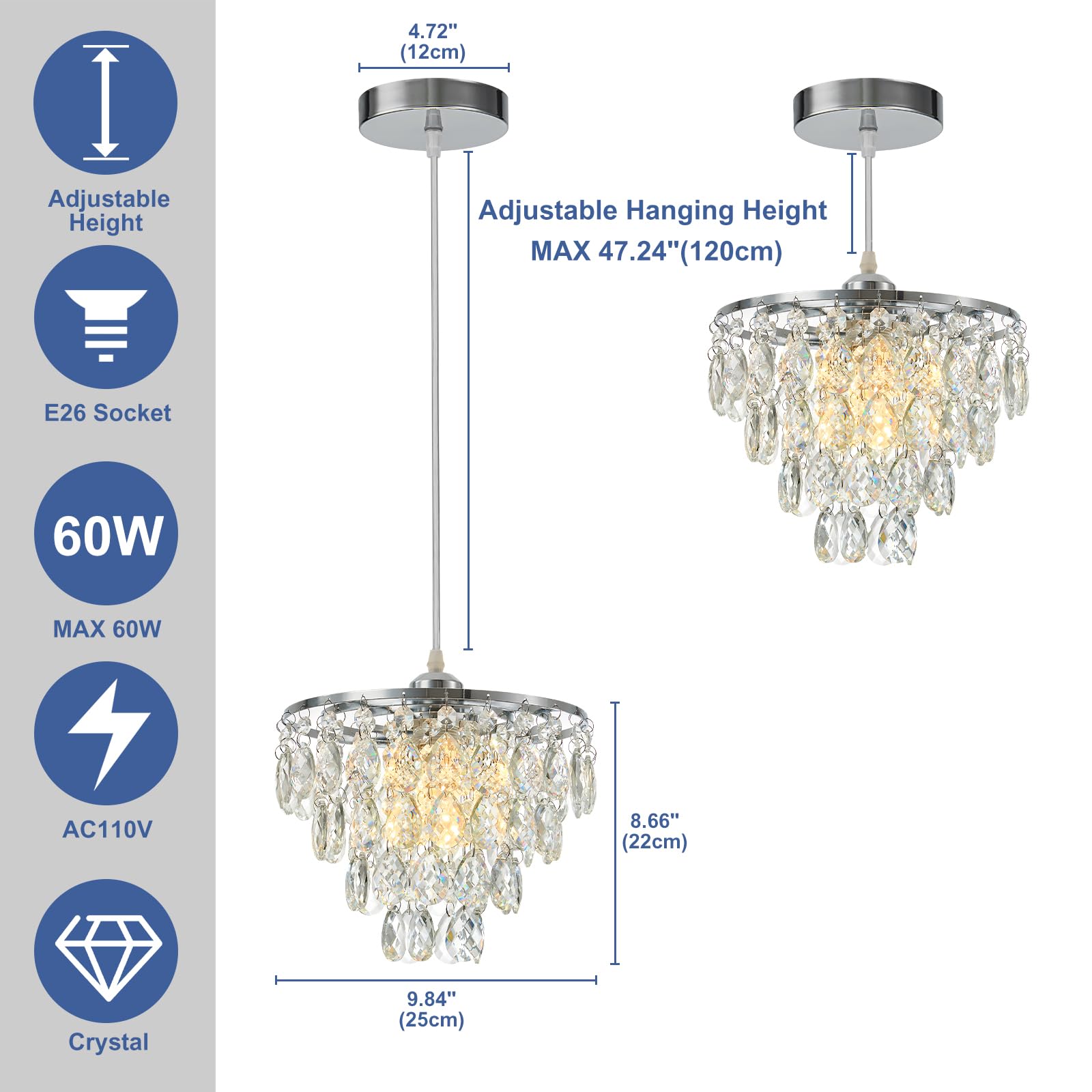 Cxgleaming Crystal Pendant Light Silver Hanging Chandelier Height Adjustable Hanging Light Fixture For Kitchen Island Hallway Be