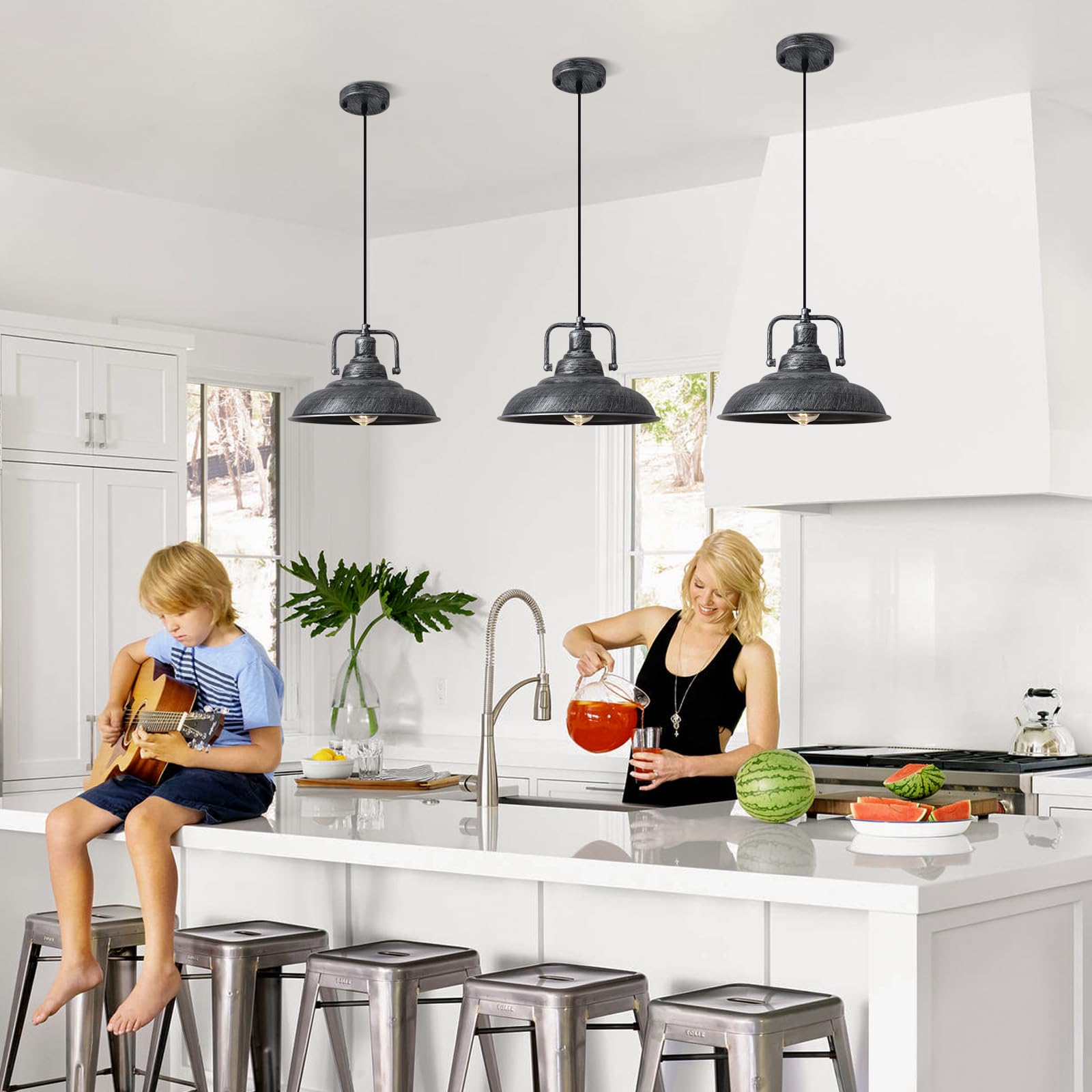 Sesiment Black And Silver Pendant Lights 12.5 Inches 3 Pack, Farmhouse Industrial Kitchen Pendant Lights For Bedroom, Living Roo