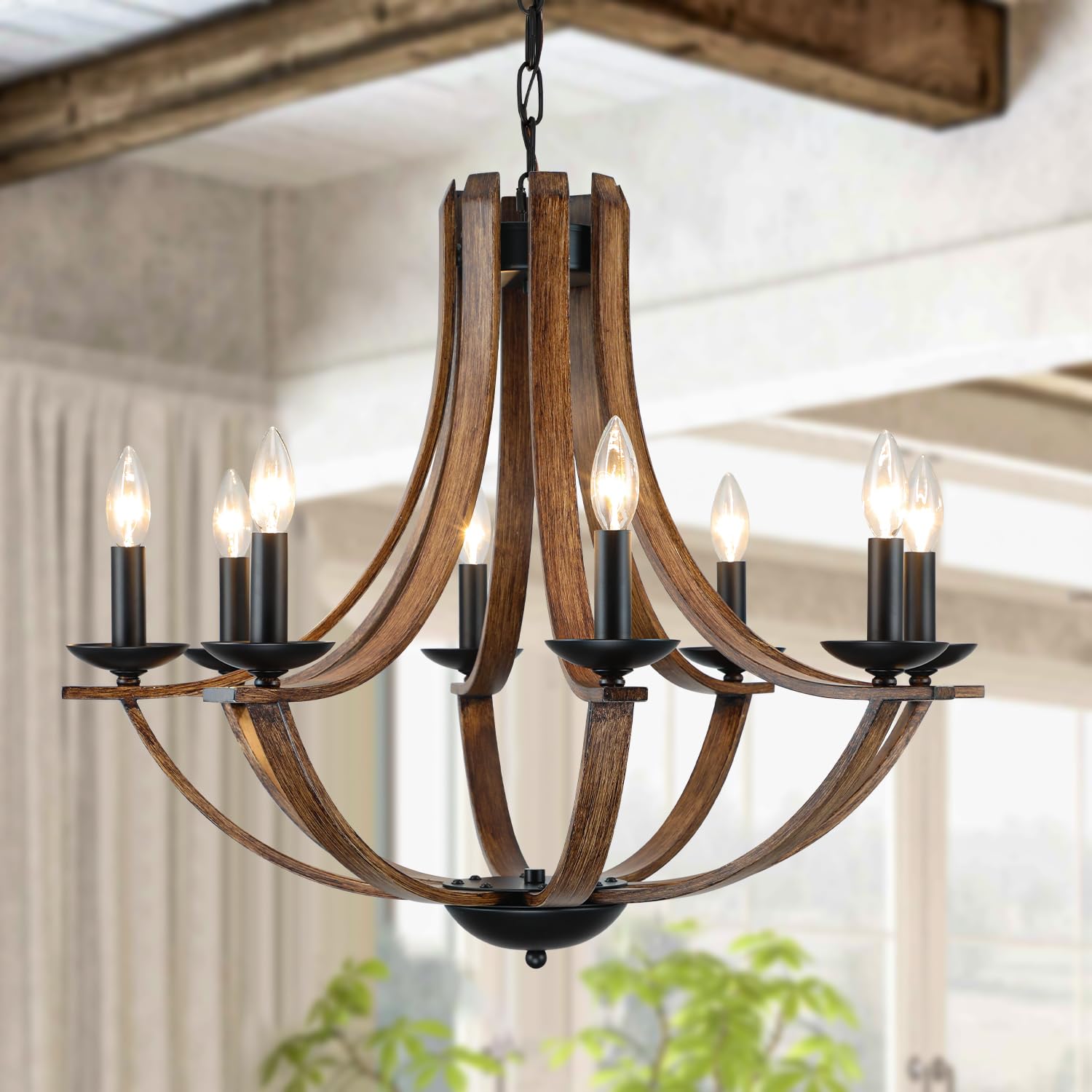 Lampkeduo Rustic 8-Light Chandelier Fixture, 28 Adjustable, Black & Faux Walnut, Model D9901-8 For Dining Room, Kitchen, Foyer