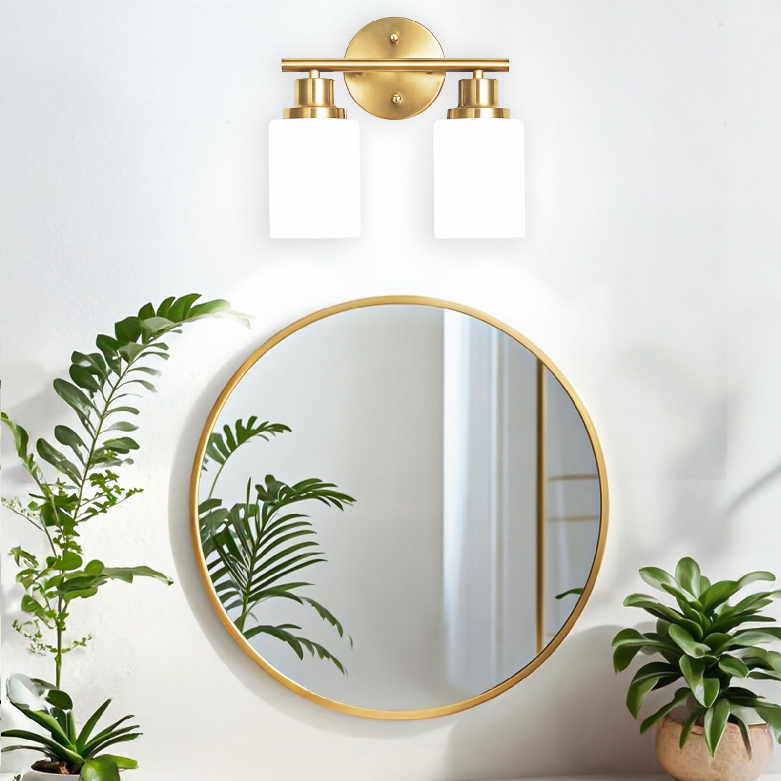 Guliaofo 2-Light Brushed Gold Bathroom Vanity Light, Bathroom Lighting Fixture Over Mirror, Gold Vanity Lights With Milky White