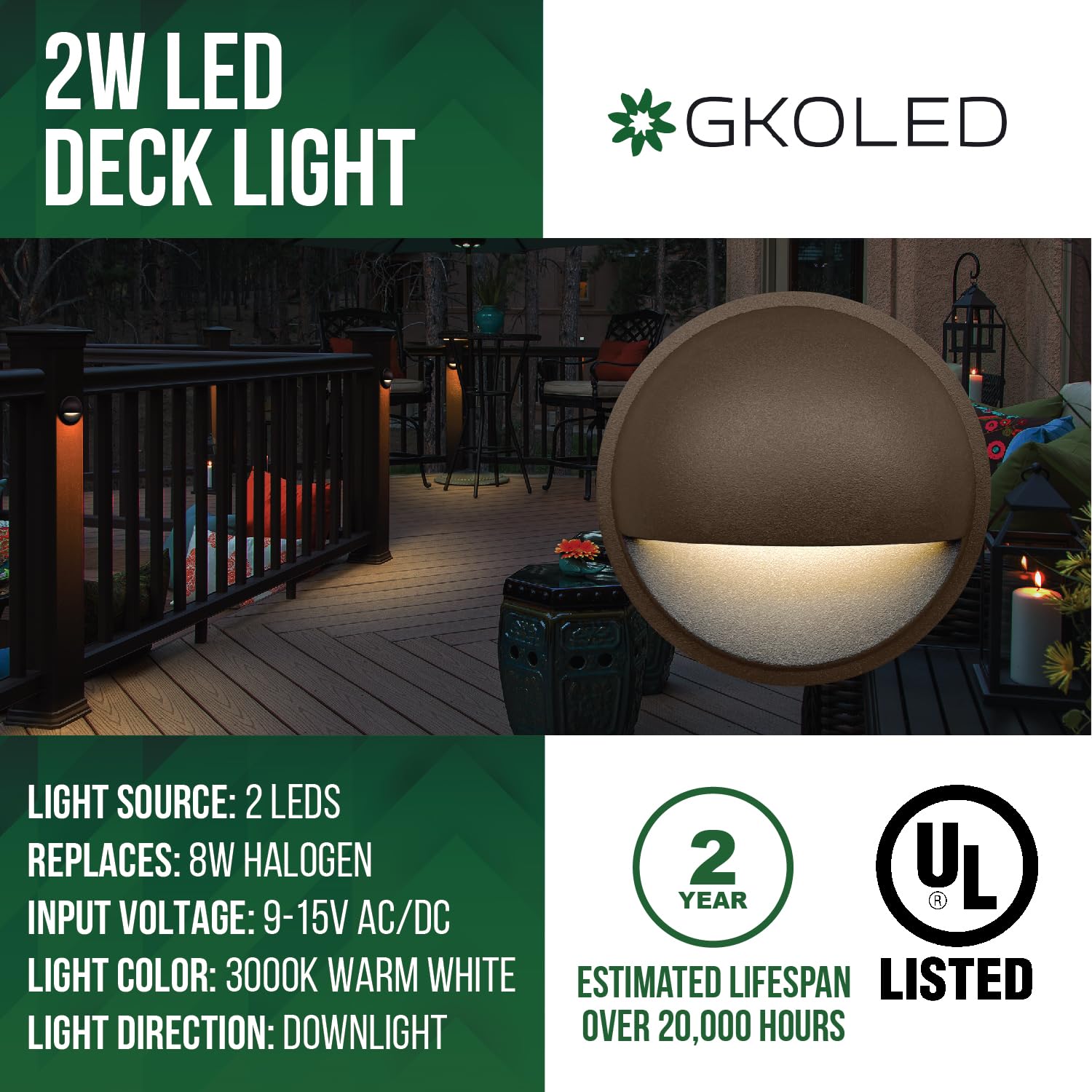 GKOLED Low Voltage LED Deck Lights, 12V Landscape Fence Step Fixture, UL Listed, 6-Pack, Dark Brown 3000K, Aluminum