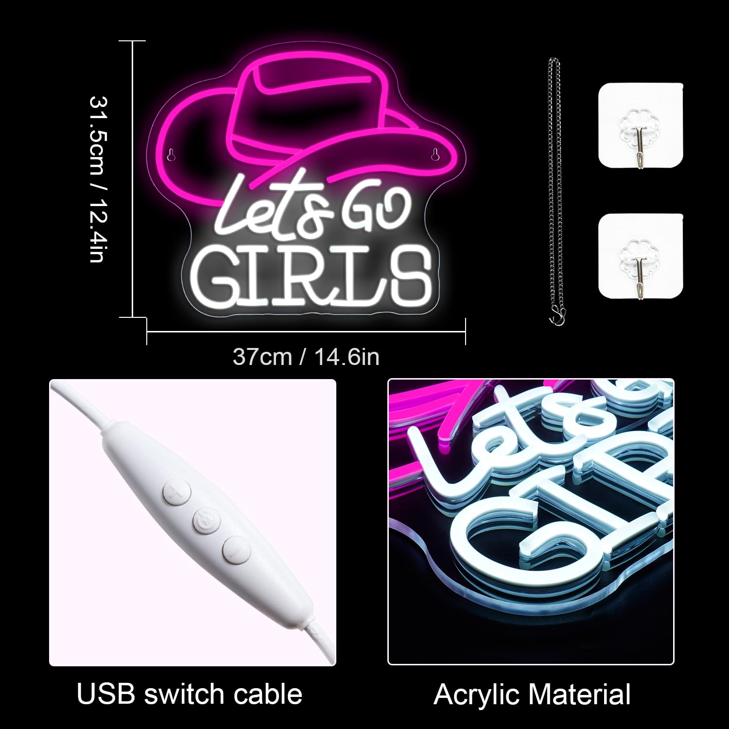 LUCUNSTAR Neon Sign Wall Art, USB Cowgirl Hat LED Light, 23x1x12 in, Plastic, Girls