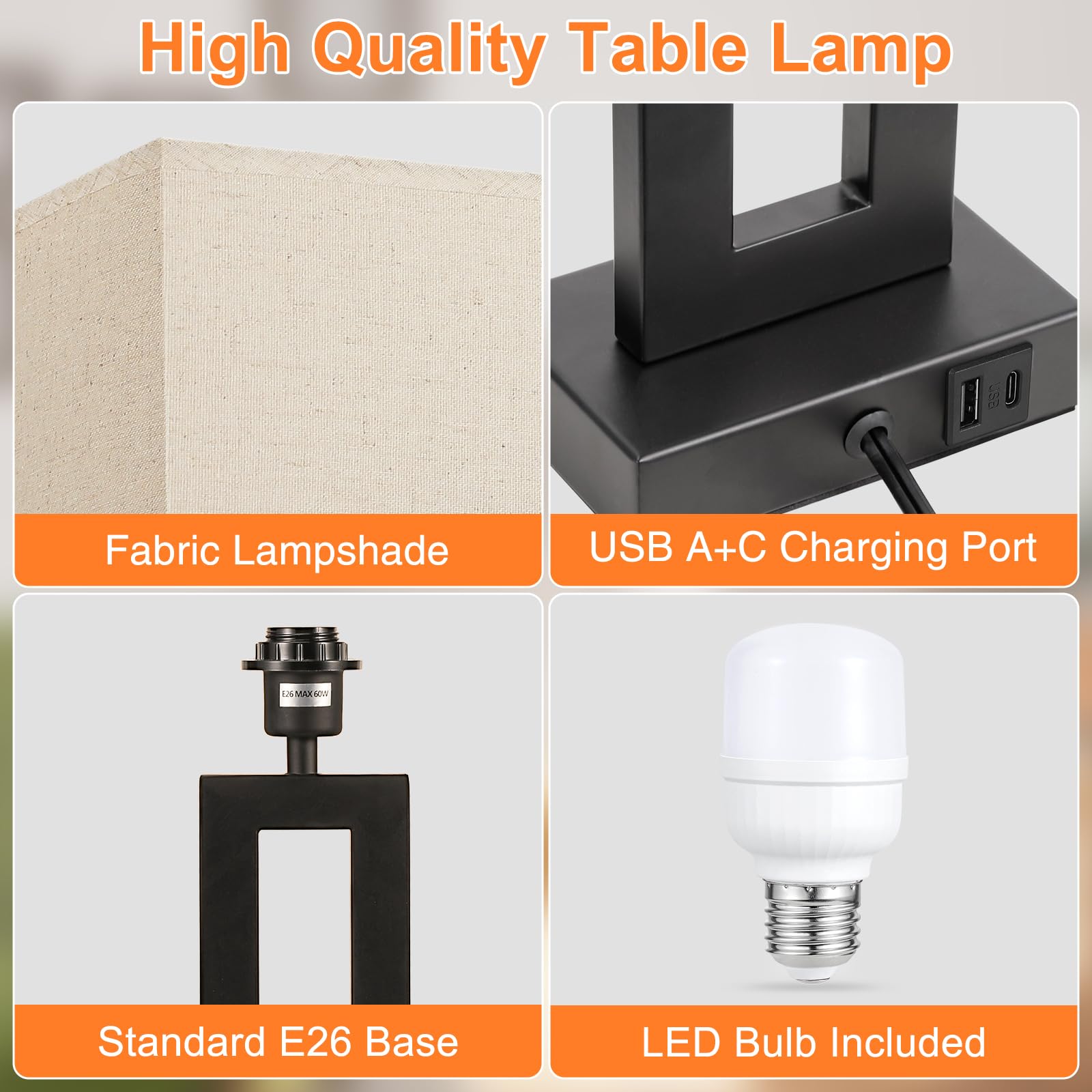 22'' Tall Living Room Lamps For Night Stands - Touch Bedside Lamp With Usb C+A, 3 Way Dimmable Bedroom Lamps For End Tables Set