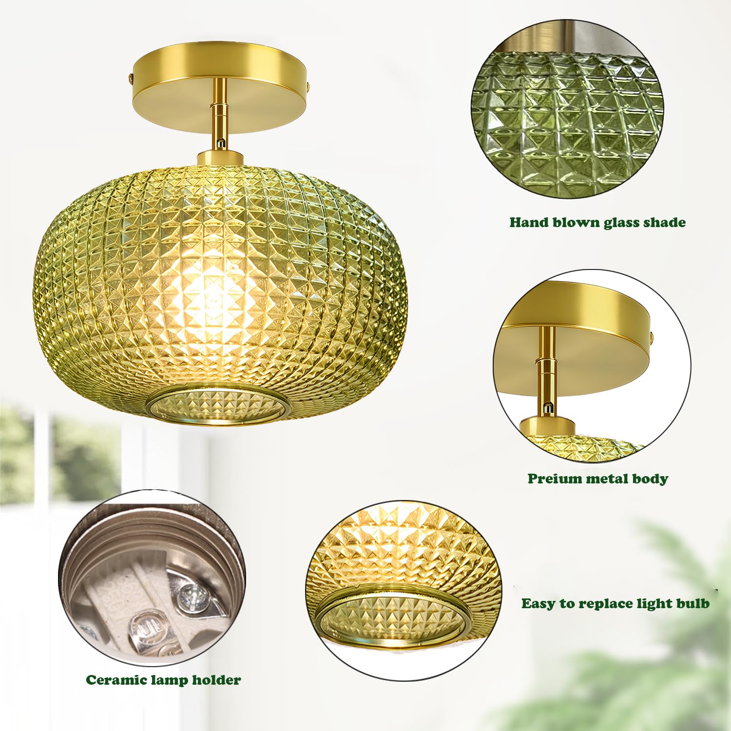 Semi Flush Mount Ceiling Light Fixture Hallway Light Fixtures Vintage Globe Glass Ceiling Fixture With Green Shade Kitchen Ceiling Light Fixture Farmhouse Ceiling Lighting For Bathroom Entryway Porch