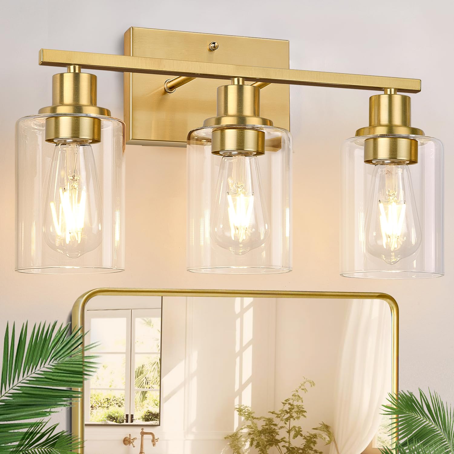 Indoi 3-Light Vanity Light Fixtures, Brushed Gold, Glass Shades, Model YX-032H, Modern Bathroom Wall Lamp