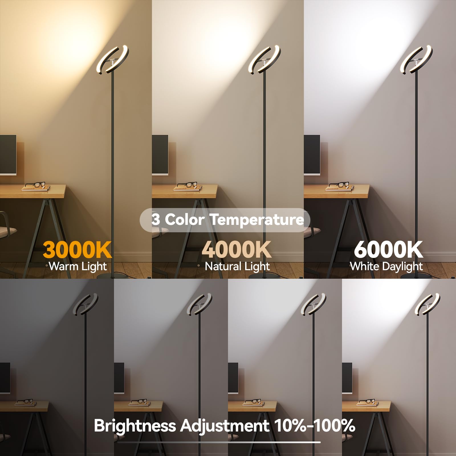 SUNMORY Floor Lamp with Remote, 28W/1600LM, Dimmable, 74in Tall, Iron, Black, Model FLD-032-XO