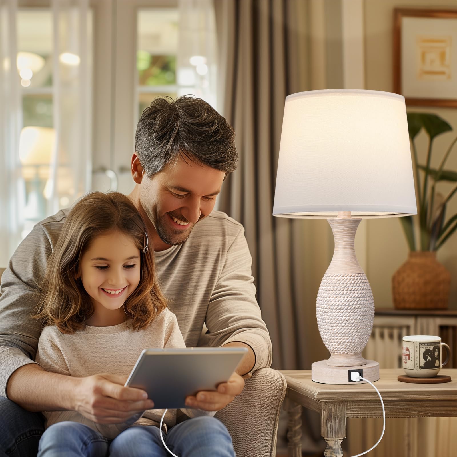 Seealle Dimmable Touch Bedside Lamps Set of 2 with USB C+A, 22.2" White Shade, Model 07031, Bulbs Included