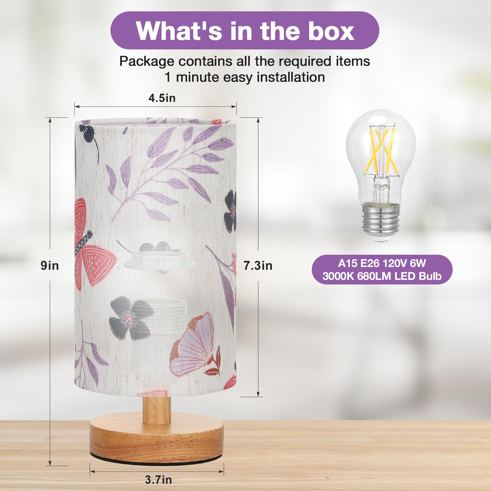 Fenmzee Butterfly Table Lamp For Bedroom - Inline Control, Small Bedside Lamp With 3000K A15 Led Blub, Easy Assembly (Butterfly