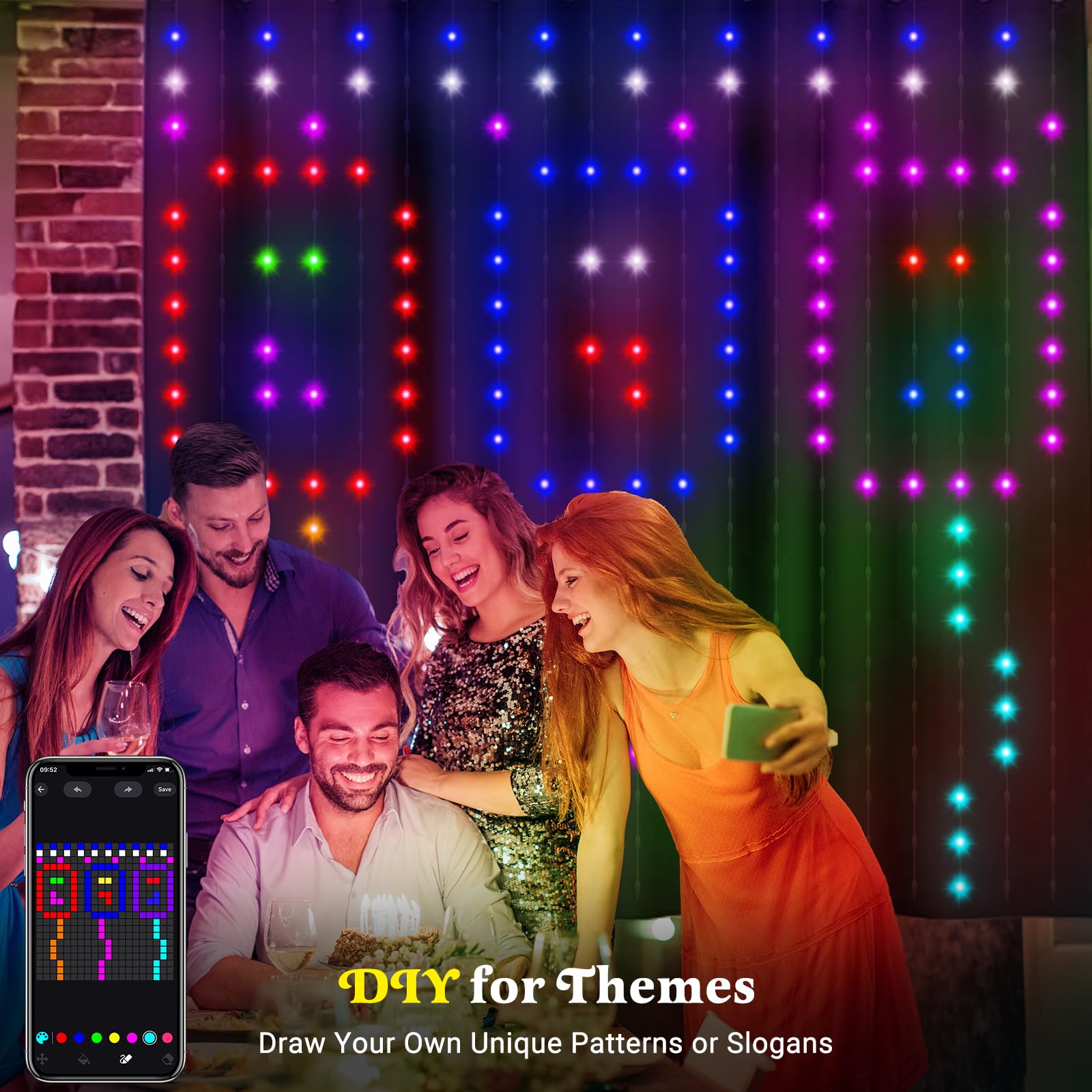 CoziTech Smart Curtain Lights 400 LED, Multicolor, 6.6x6.6 FT, APP + Remote Control, Model CT-RB0707-ZN, Ideal for Bedroom &