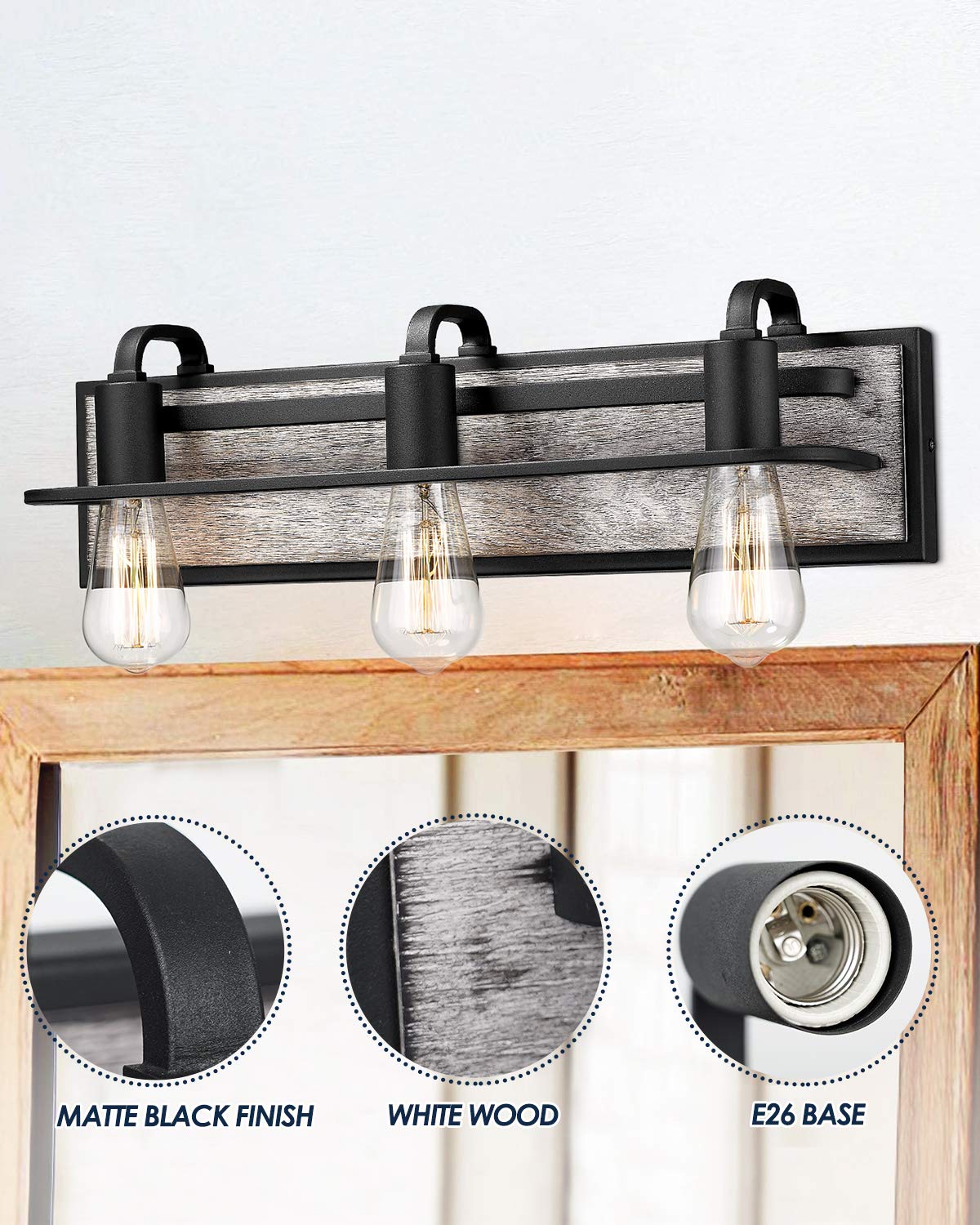 Hanass 21.25" White Wood Bath Vanity Light Fixture - Black Metal Over Mirror Lighting