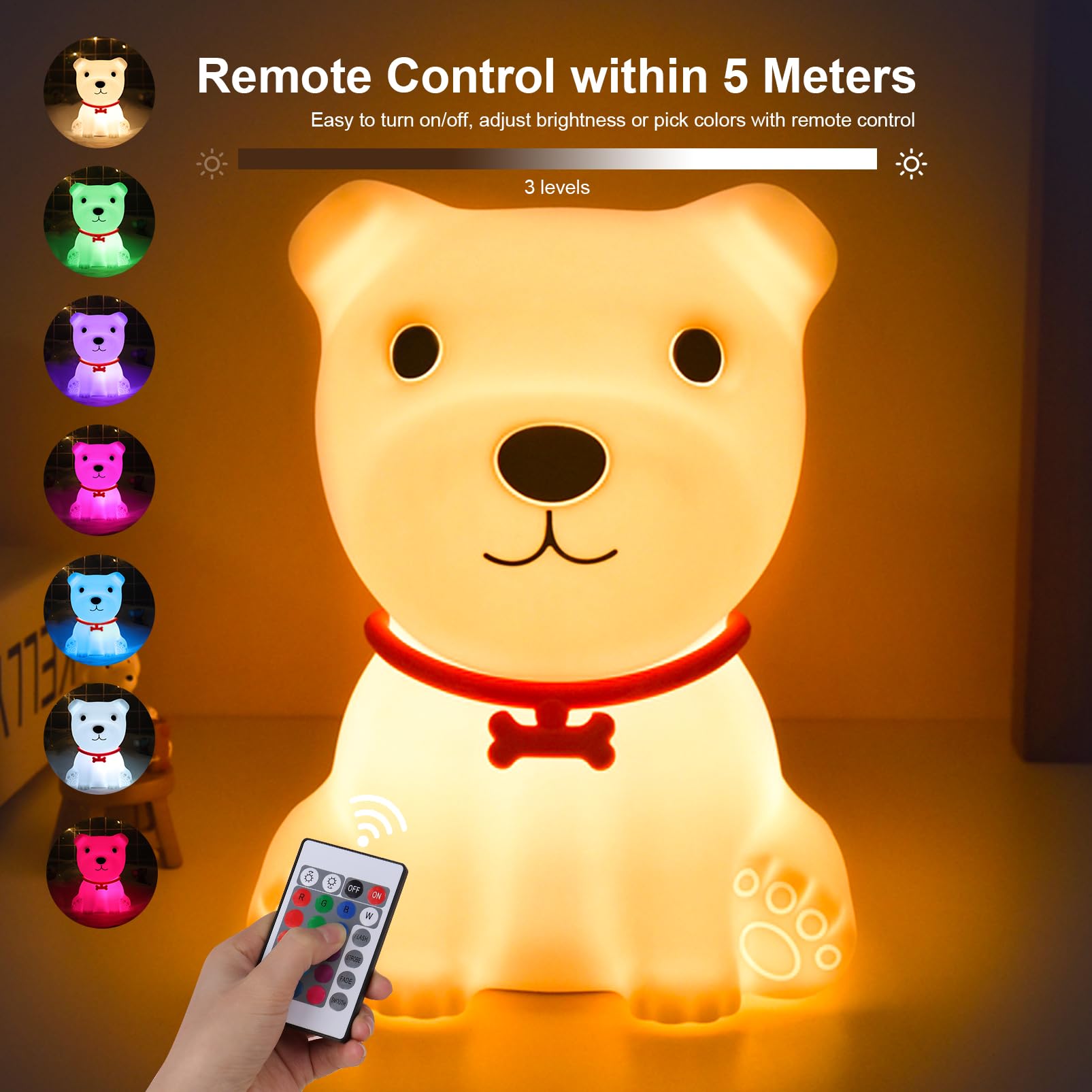 Tremdwoto Dog Night Light - Cute Silicone Lamp with Remote, Dimmable, White, Model Tremdwoto-01, Ideal for Kids Bedroom Decor