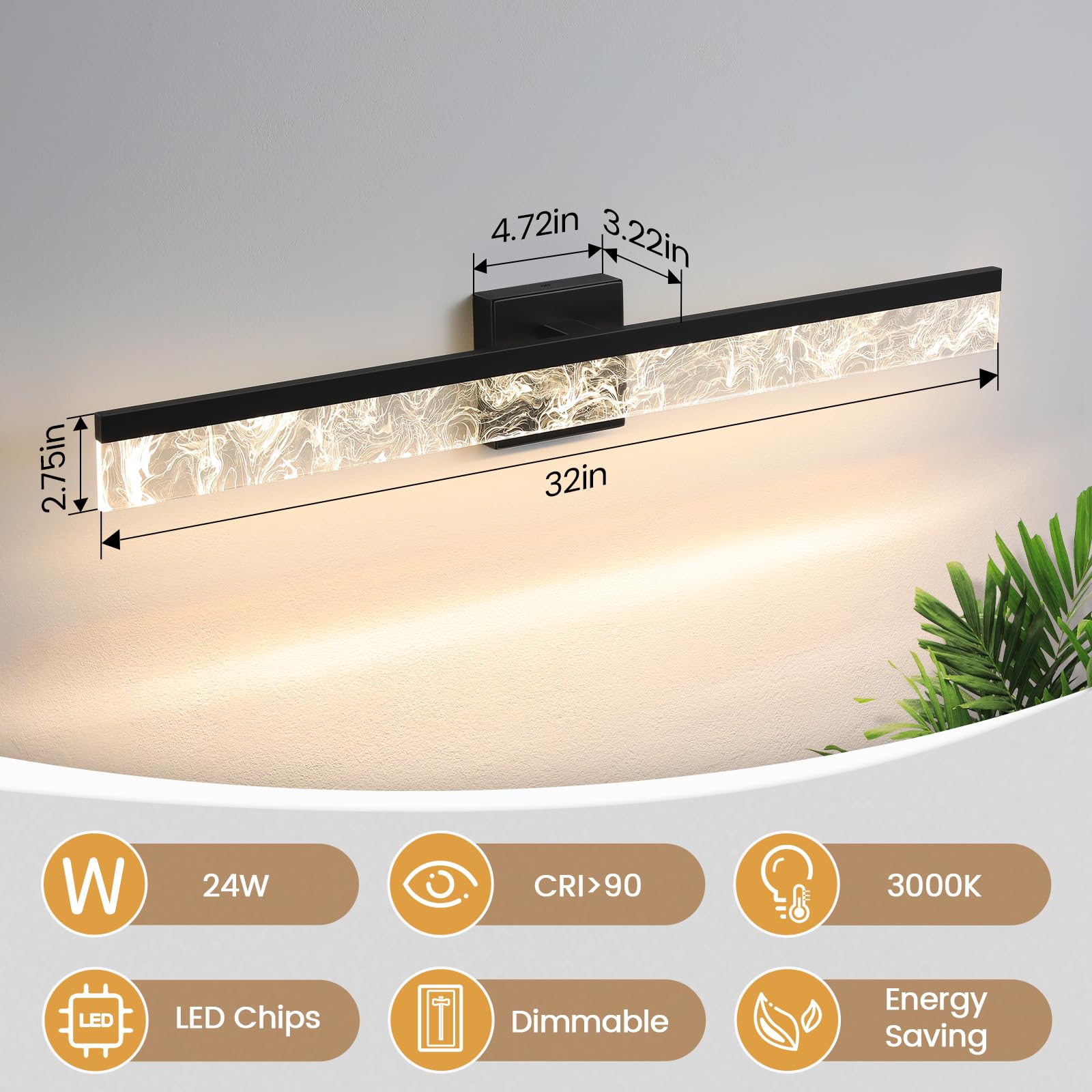 AIJIASI Modern Vanity Light Fixture, 32 Inch, 24W Dimmable LED, Black, Model 8205WL-32BK-US, Acrylic for Bathroom or Bedroom