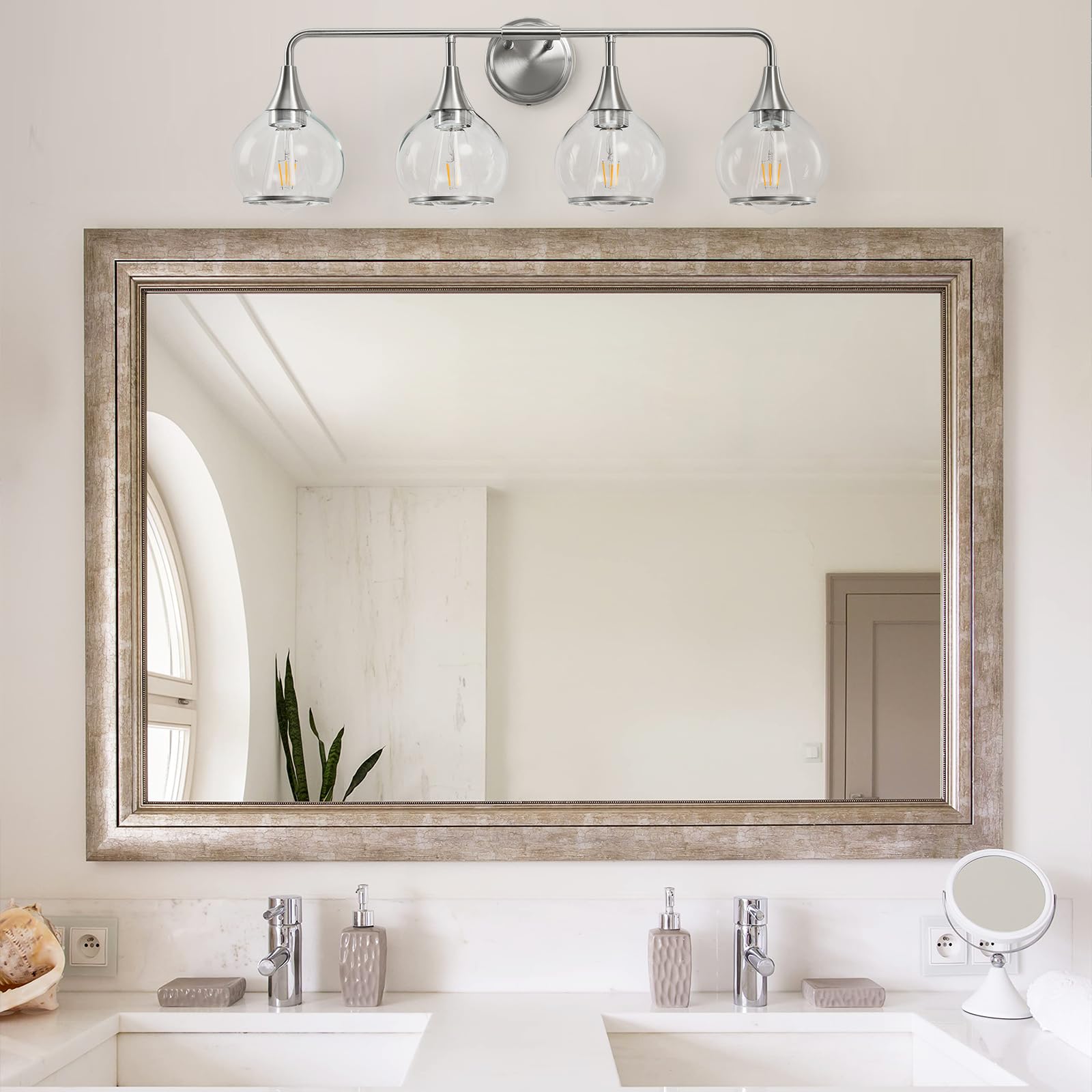 HAHZT Brushed Nickel Bathroom Light Fixture 4 Lights Wall Sconce 30.7 inch Clear Glass Shade Model 8033ML