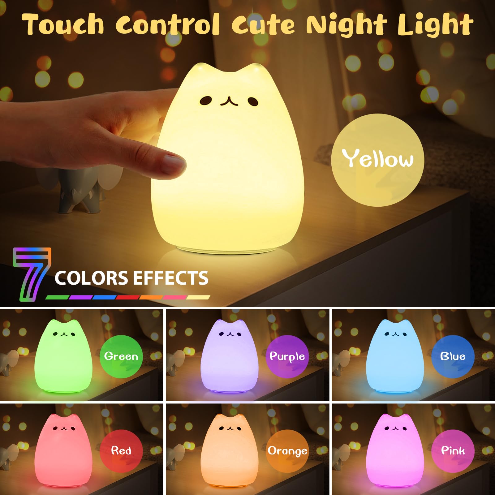 CHWARES Night Light for Kids, Cat Nursery Night Lights with Remote, 7 Color Kawaii Lamp, Room Decor, USB Rechargeable, Cute Lamp