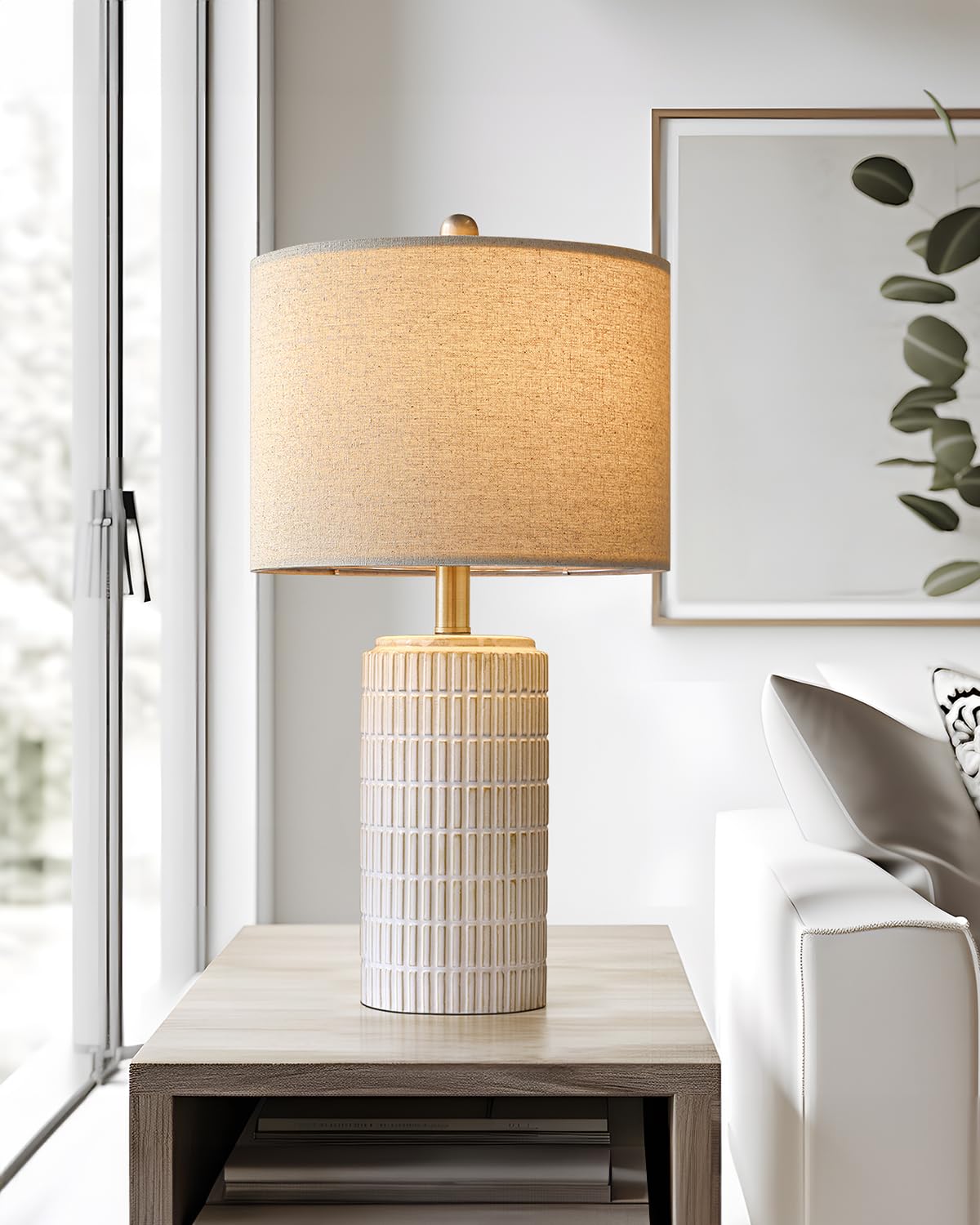 PoKat 23" Ceramic Bedside Table Lamp - White with Round Linen Shade, Modern Nightstand Light, Model AMZ-T1102CR-1