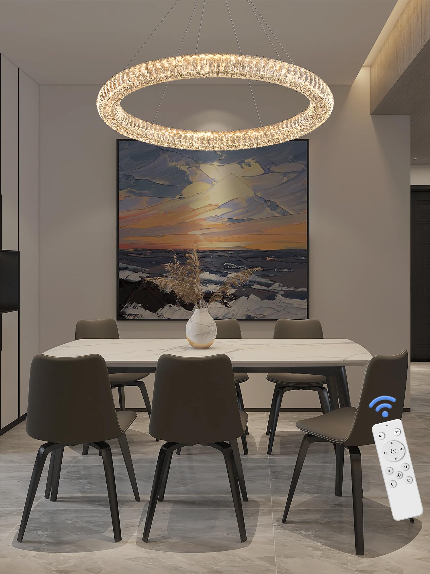 IDEQUY Modern Crystal Chandelier, Dimmable LED 39.4" Gold Pendant Light, Adjustable Round Fixture for Dining and Living Rooms