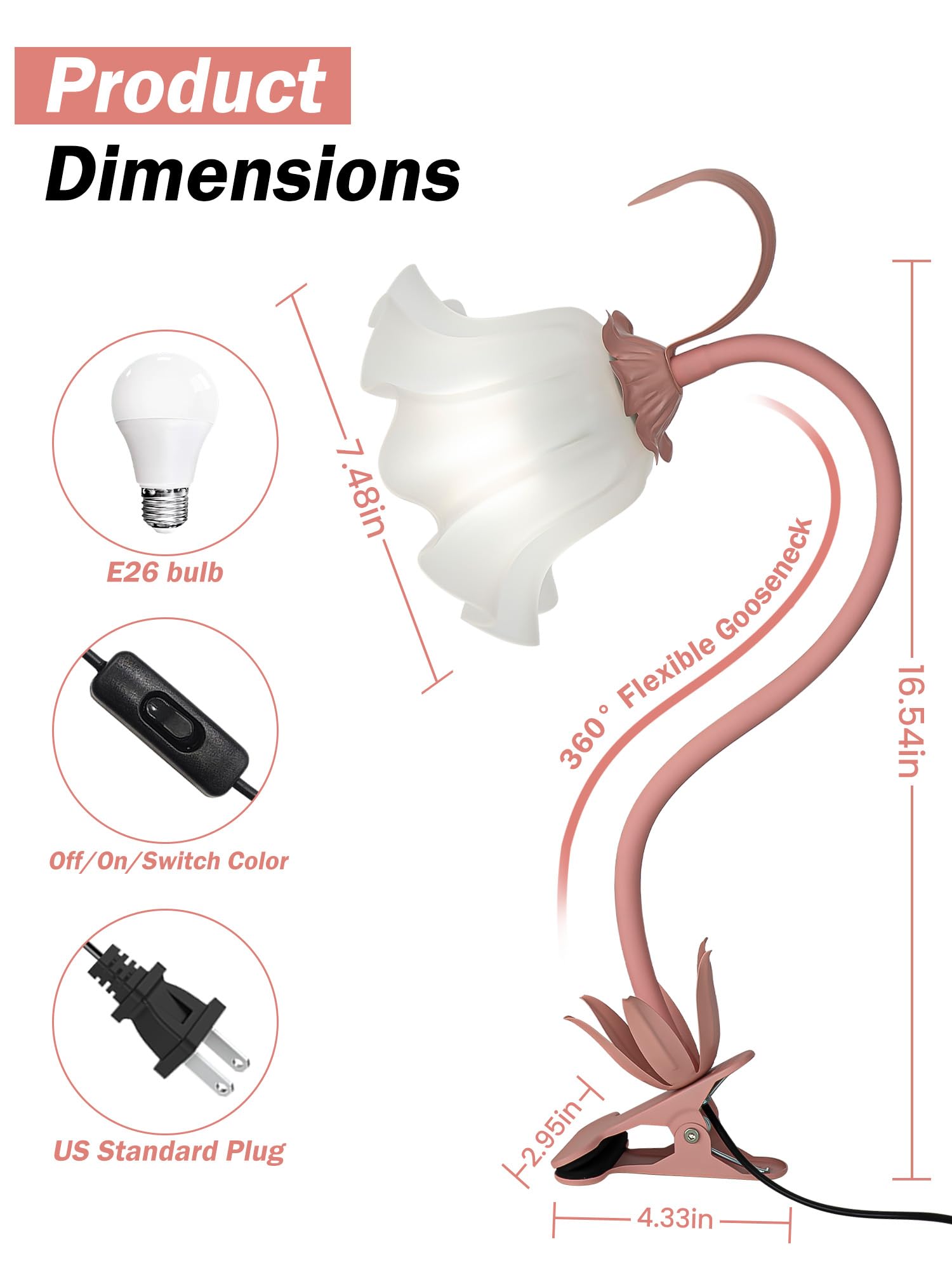 DSYHYL Flexible Gooseneck Desk Lamp - 3 Color Modes, Eye-Care LED Light, Pink, Clip-On for Bed, Study, Office, Model: fenjiazi
