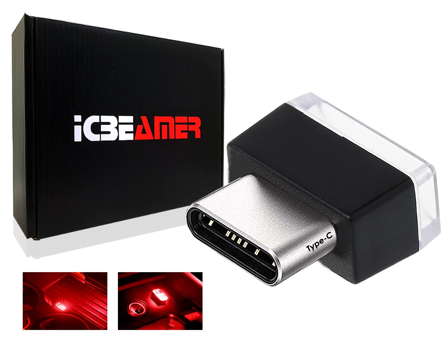 ICBEAMER Type C Adapter Night Light - Red USB C Miniature LED Ambient Trunk Light, Model TYPE-C-RD-AMA
