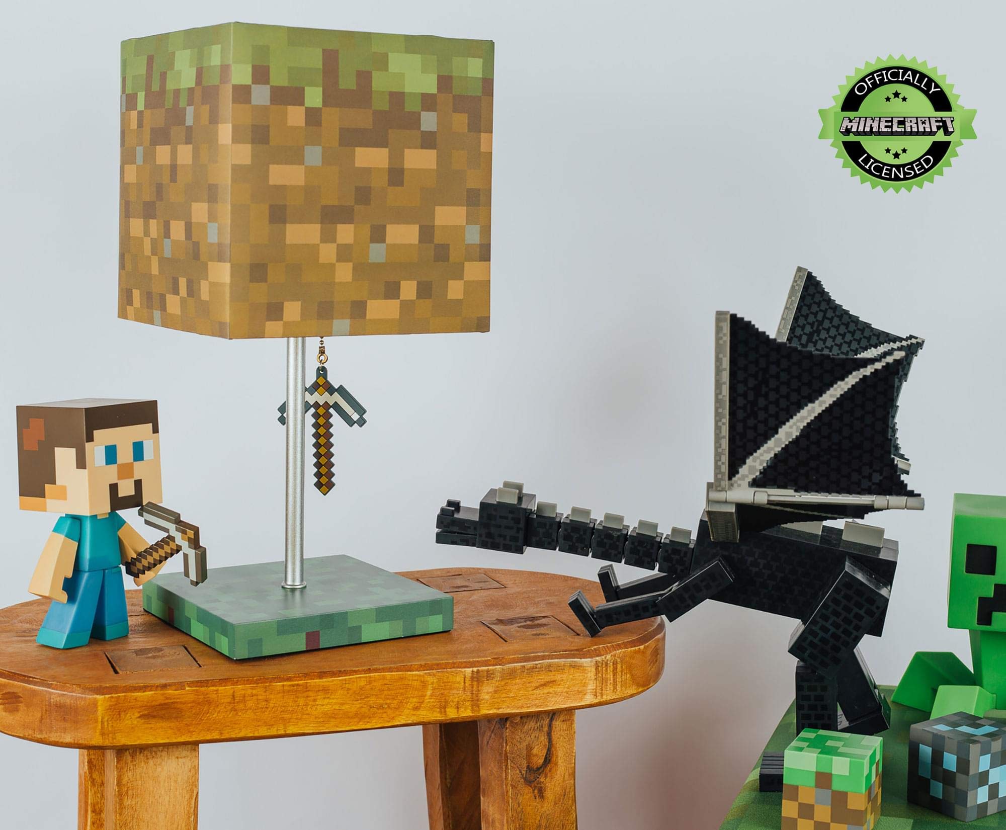 Ukonic Minecraft Grass Block Desk Lamp With Pickaxe 3D Puller | Led Light Bedside Table Lamp | Video Game-Themed Room Essentials | Home Decor Accessory | 14 Inches Tall