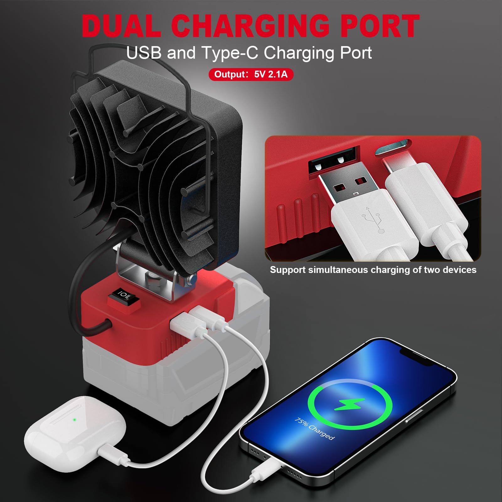 LIVOWALNY Portable LED Work Light - 48W 4800LM, ABS, Compatible with Milwaukee M18 Battery, USB & Type C Charger Port