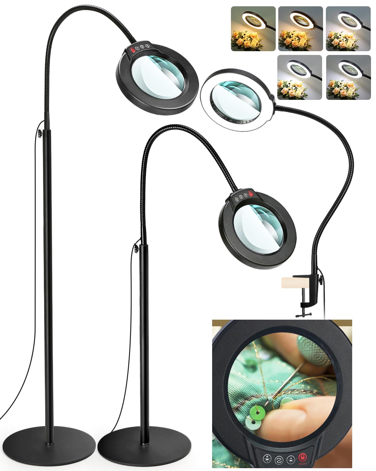 10X Magnifying Glass with Light and Stand, 3-in-1 LED 5 Color Modes Stepless Dimmable Magnifying Floor Lamp,24'' Flexible Goosen